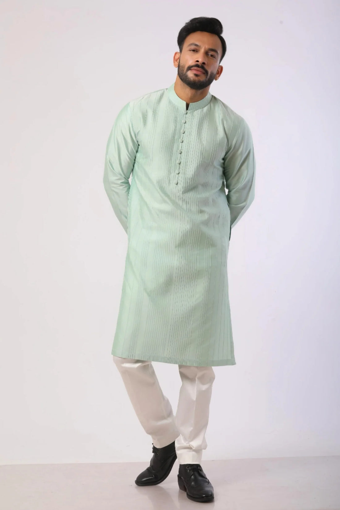 Pista Green Pin tuck Kurta with Off-white Pant