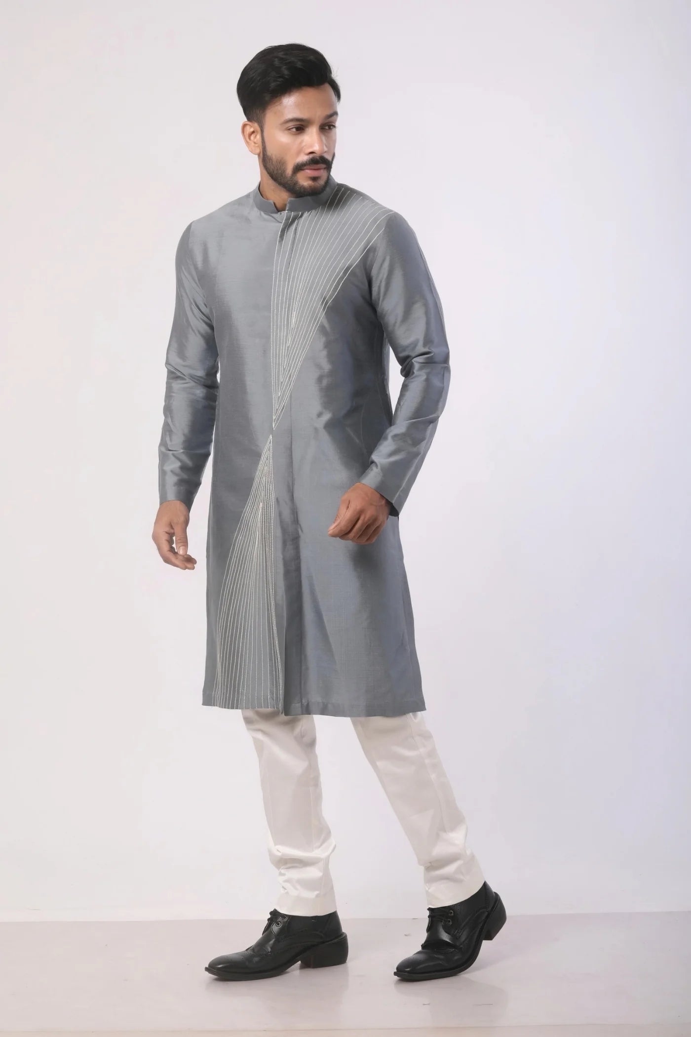 Dark Grey Anchoring Stitch Work Katan Silk Kurta Set