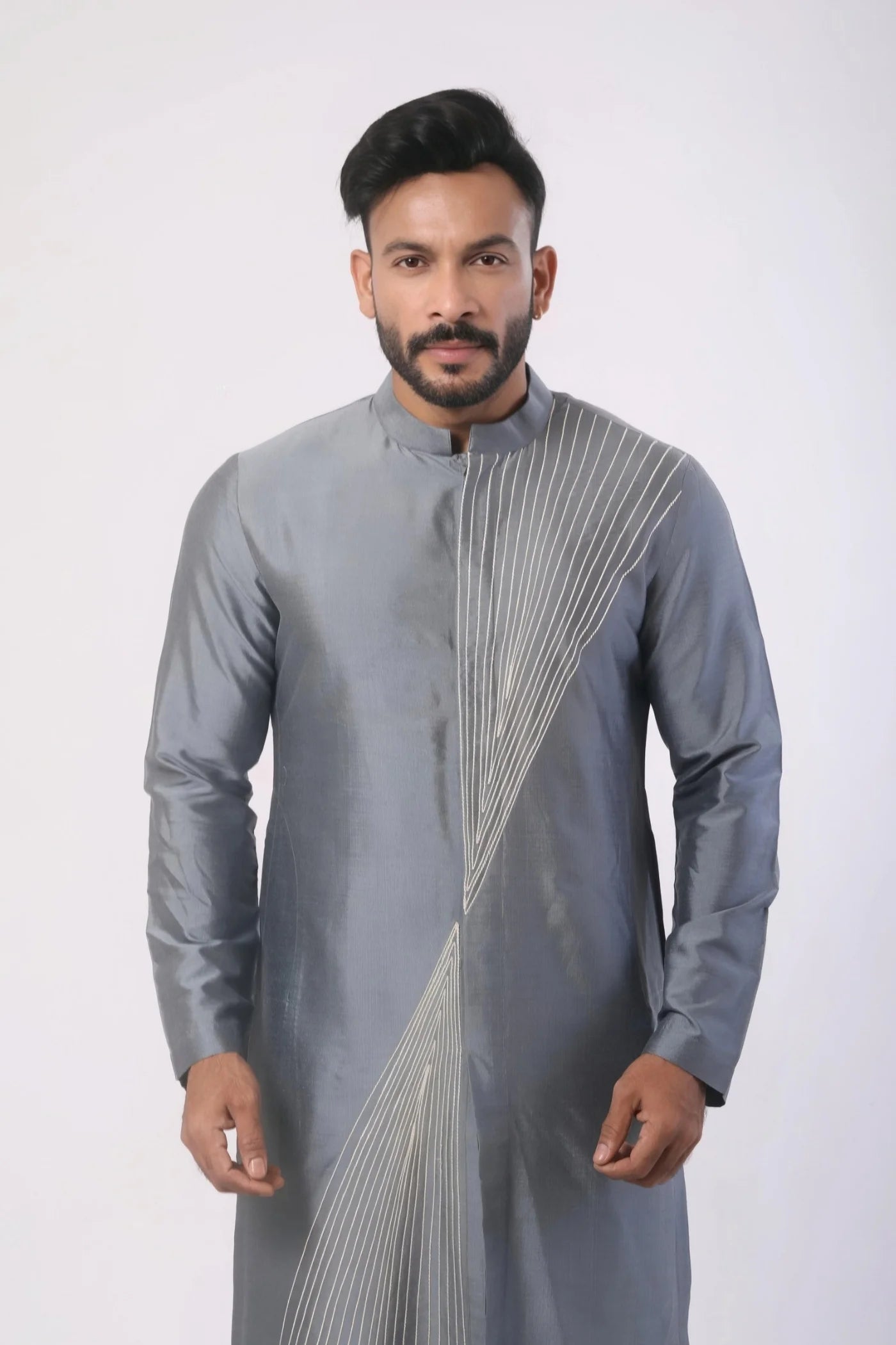Dark Grey Anchoring Stitch Work Katan Silk Kurta Set