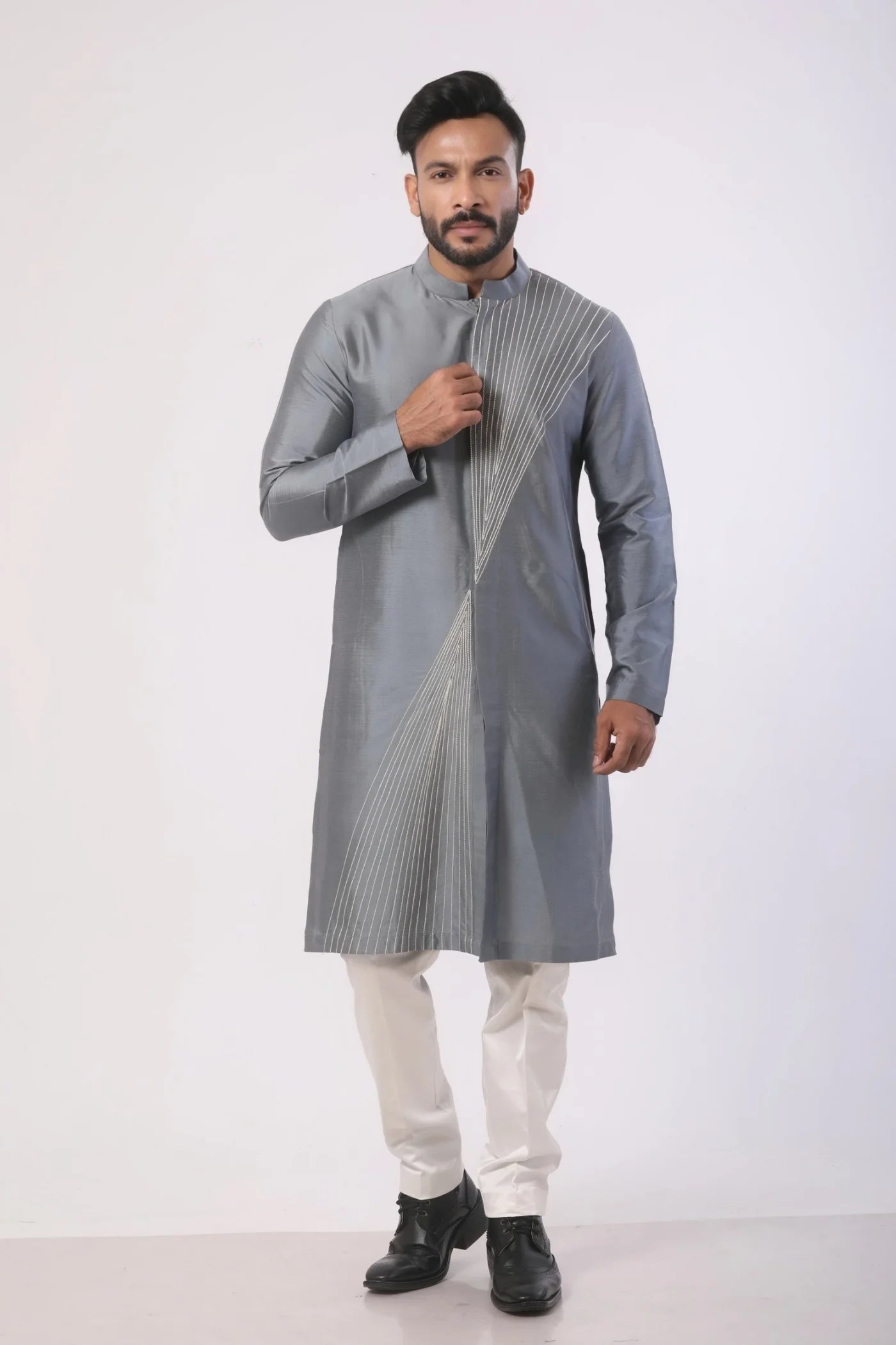 Dark Grey Anchoring Stitch Work Katan Silk Kurta Set