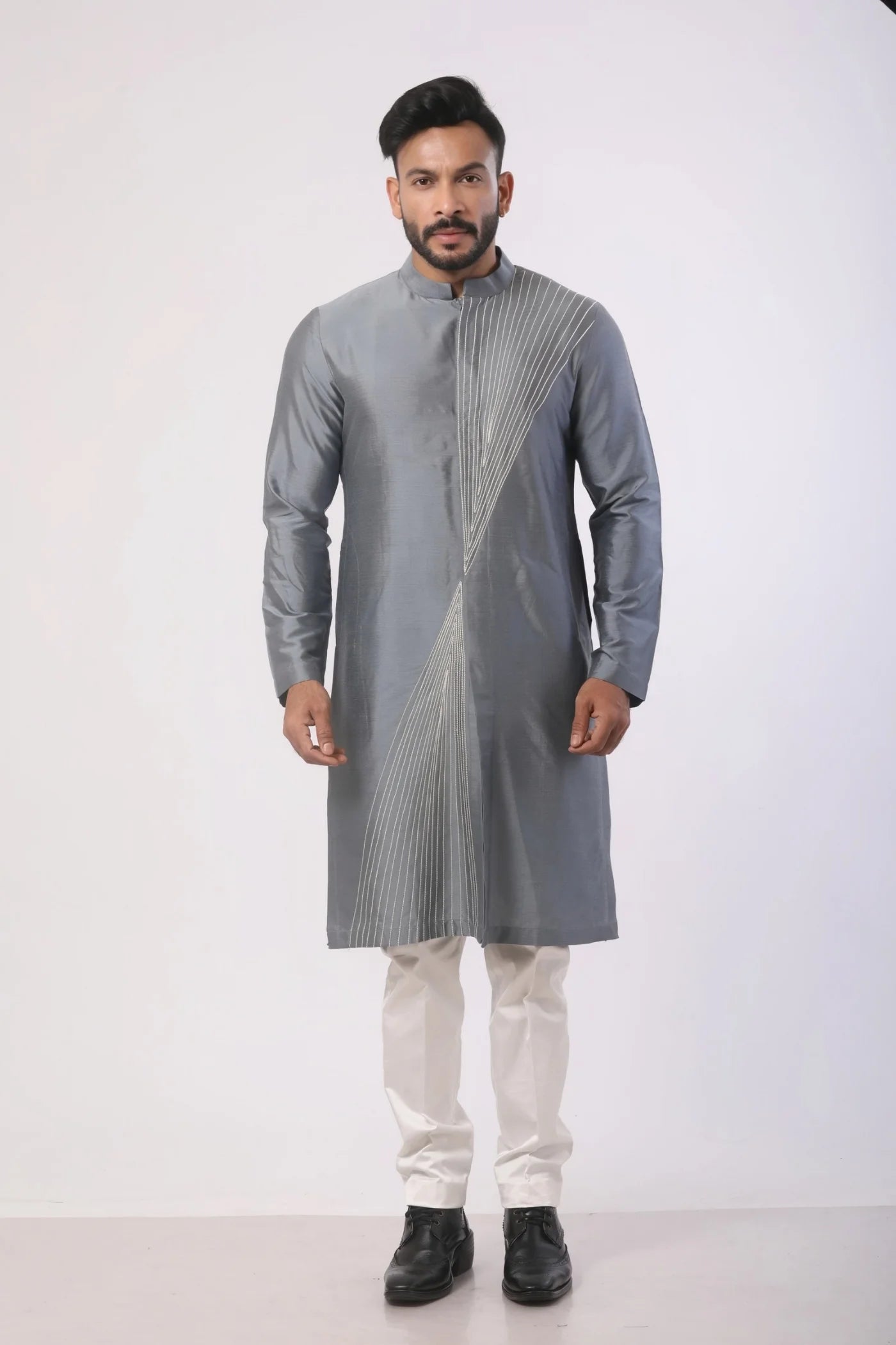 Dark Grey Anchoring Stitch Work Katan Silk Kurta Set