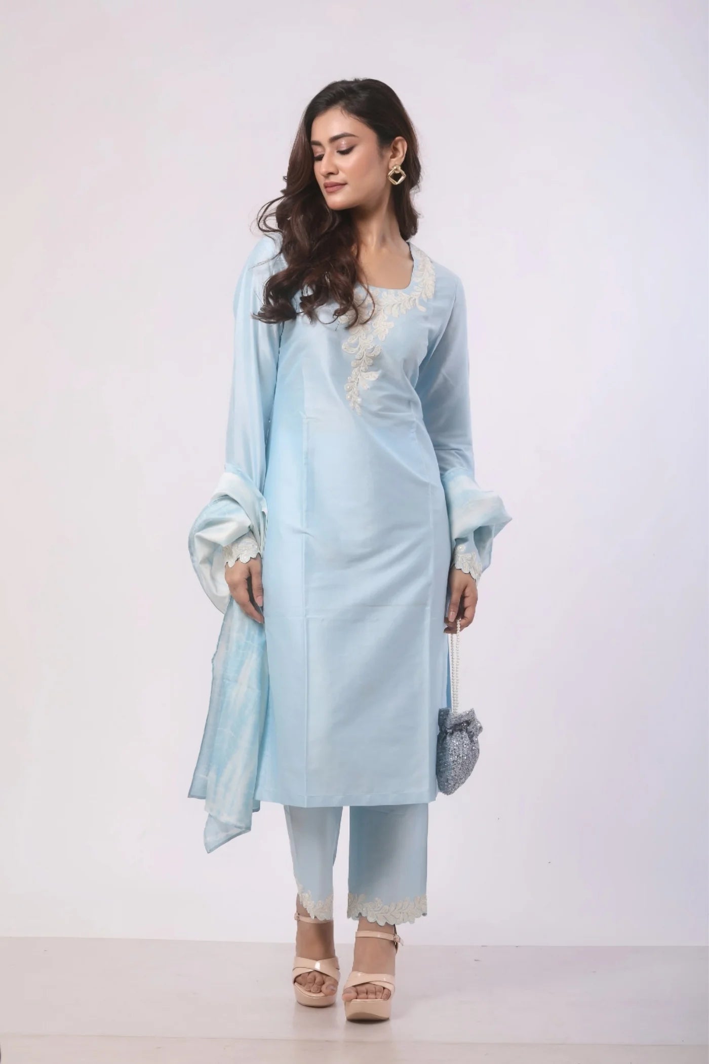 Sea Blue Katan Silk Kurti Set with Chanderi Duppata