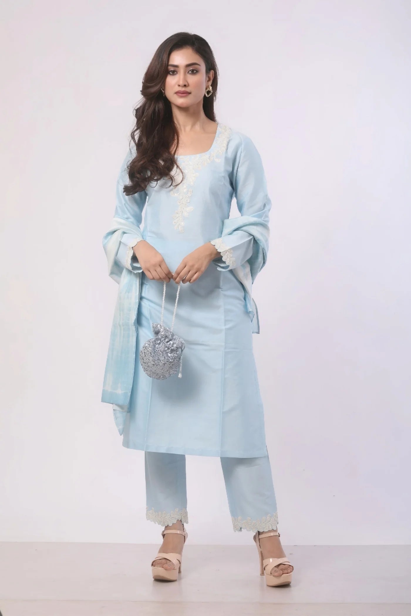 Sea Blue Katan Silk Kurti Set with Chanderi Duppata