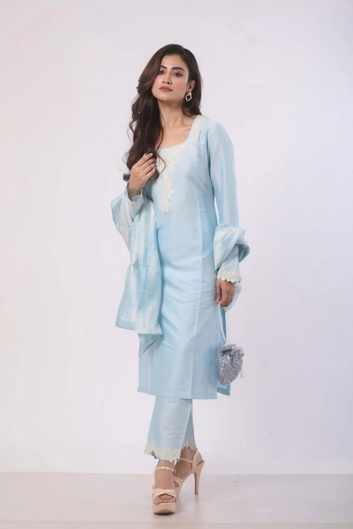 Sea Blue Katan Silk Kurti Set with Chanderi Duppata