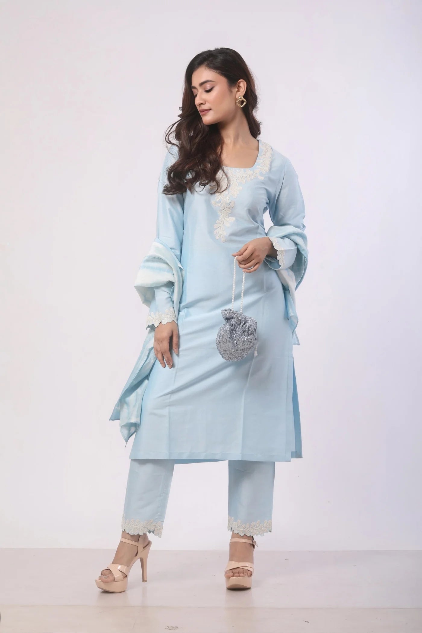 Sea Blue Katan Silk Kurti Set with Chanderi Duppata
