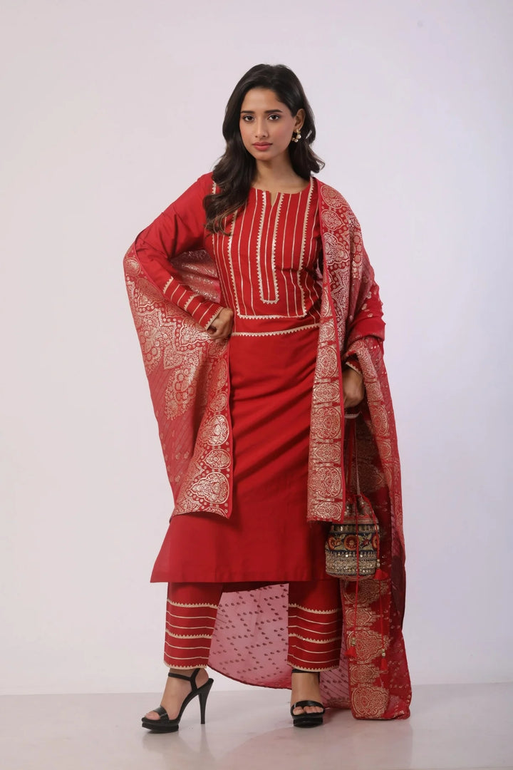 Dark Red Kurti with Pant and Dupatta