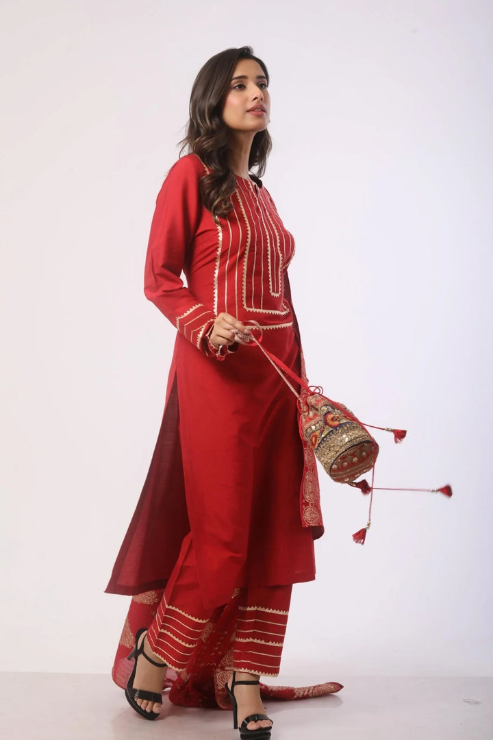 Dark Red Kurti with Pant and Dupatta