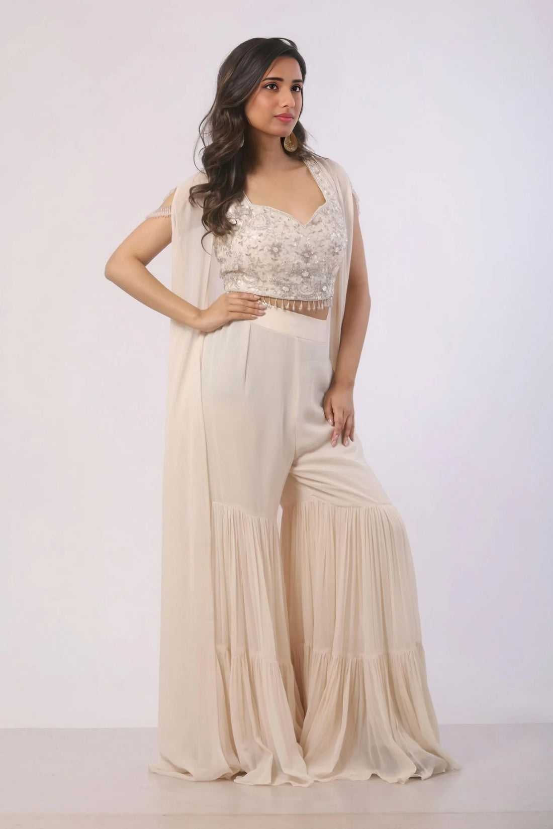 Off-white Sharara with Blouse and Shrug