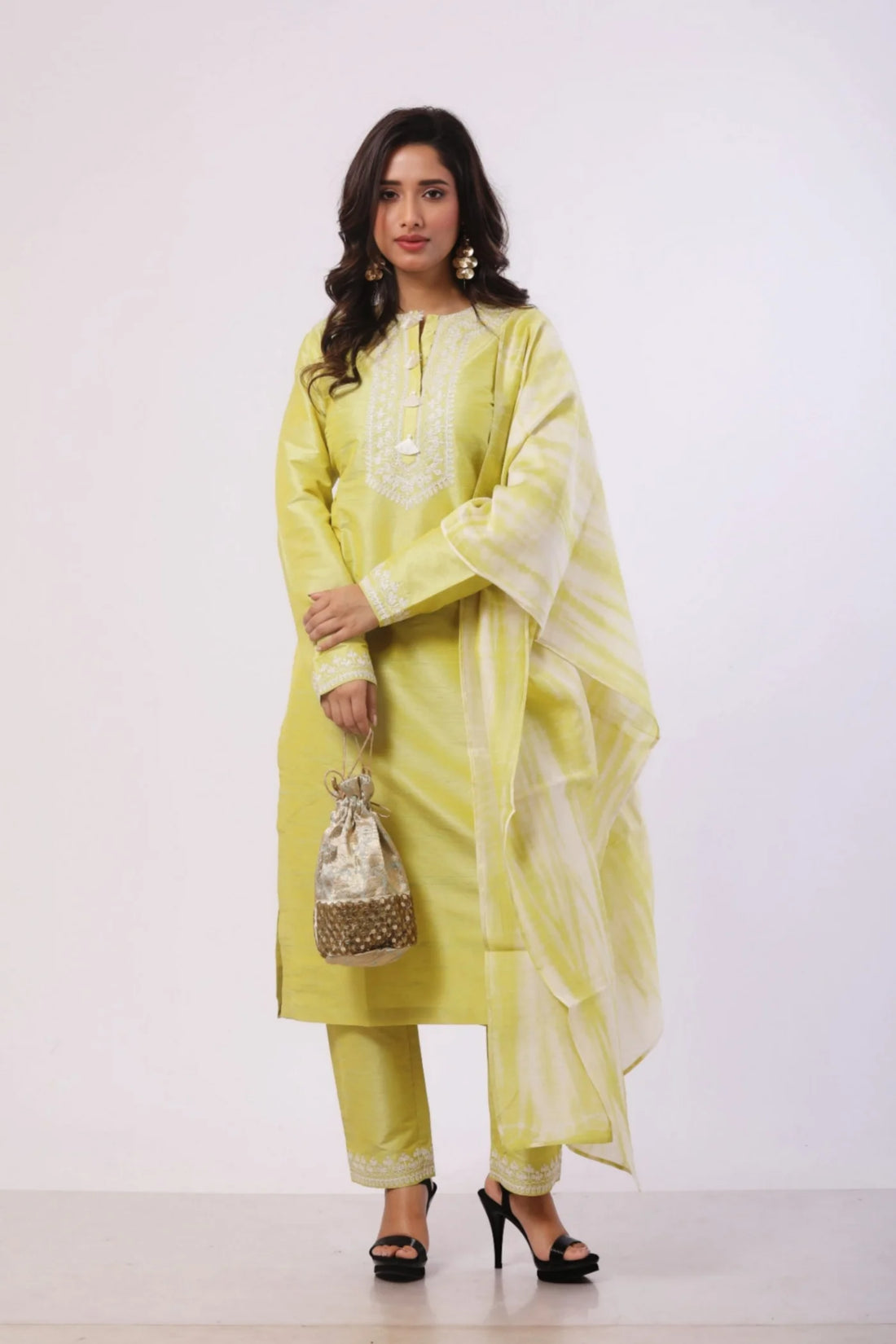 Yellow Green Kurti with Pant and Dupatta