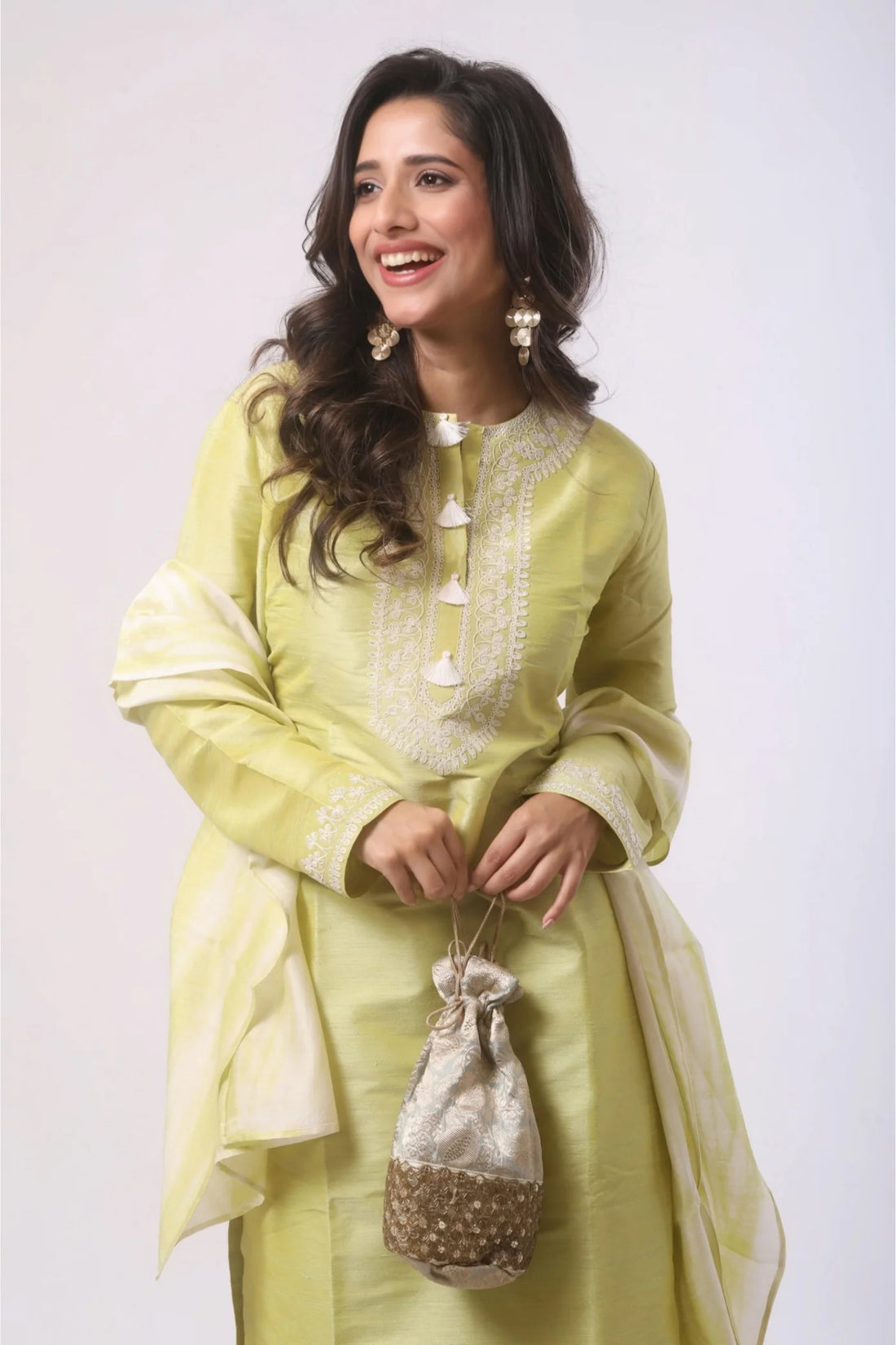 Yellow Green Kurti with Pant and Dupatta