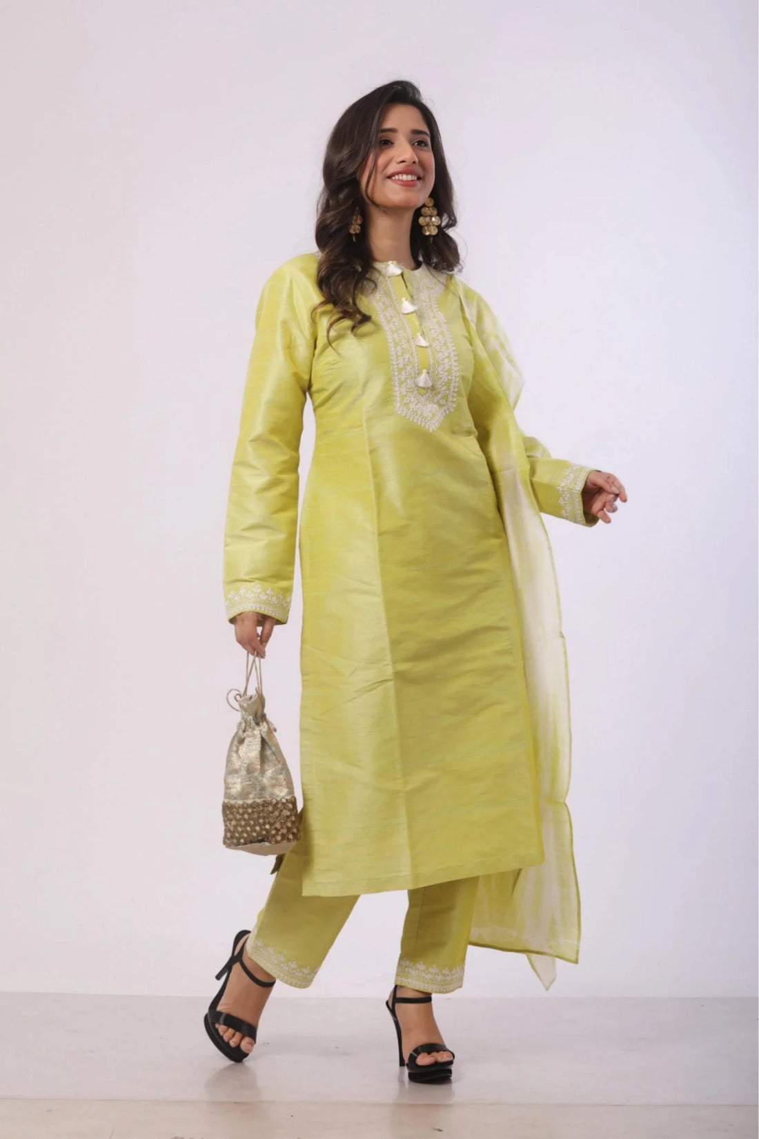 Yellow Green Kurti with Pant and Dupatta