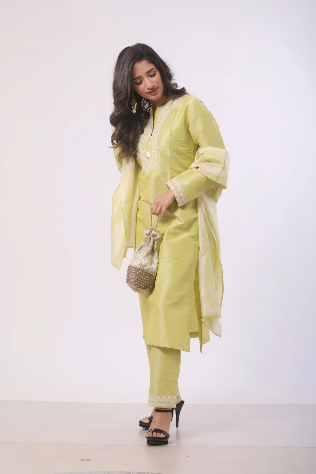 Yellow Green Kurti with Pant and Dupatta