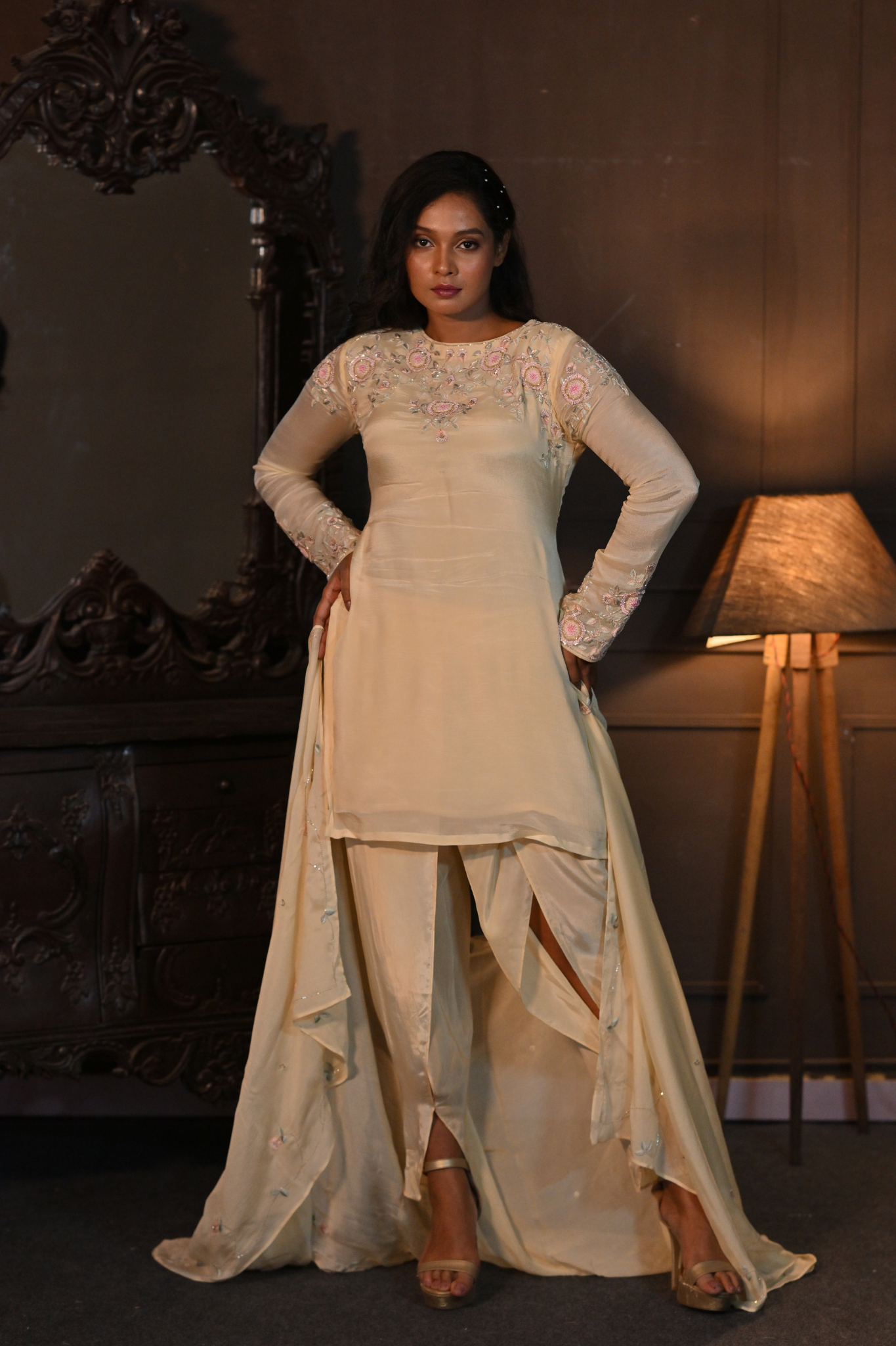 PASTEL YELLOW KURTI WITH TULIP SALWAR AND DUPATTA (Customize Request)