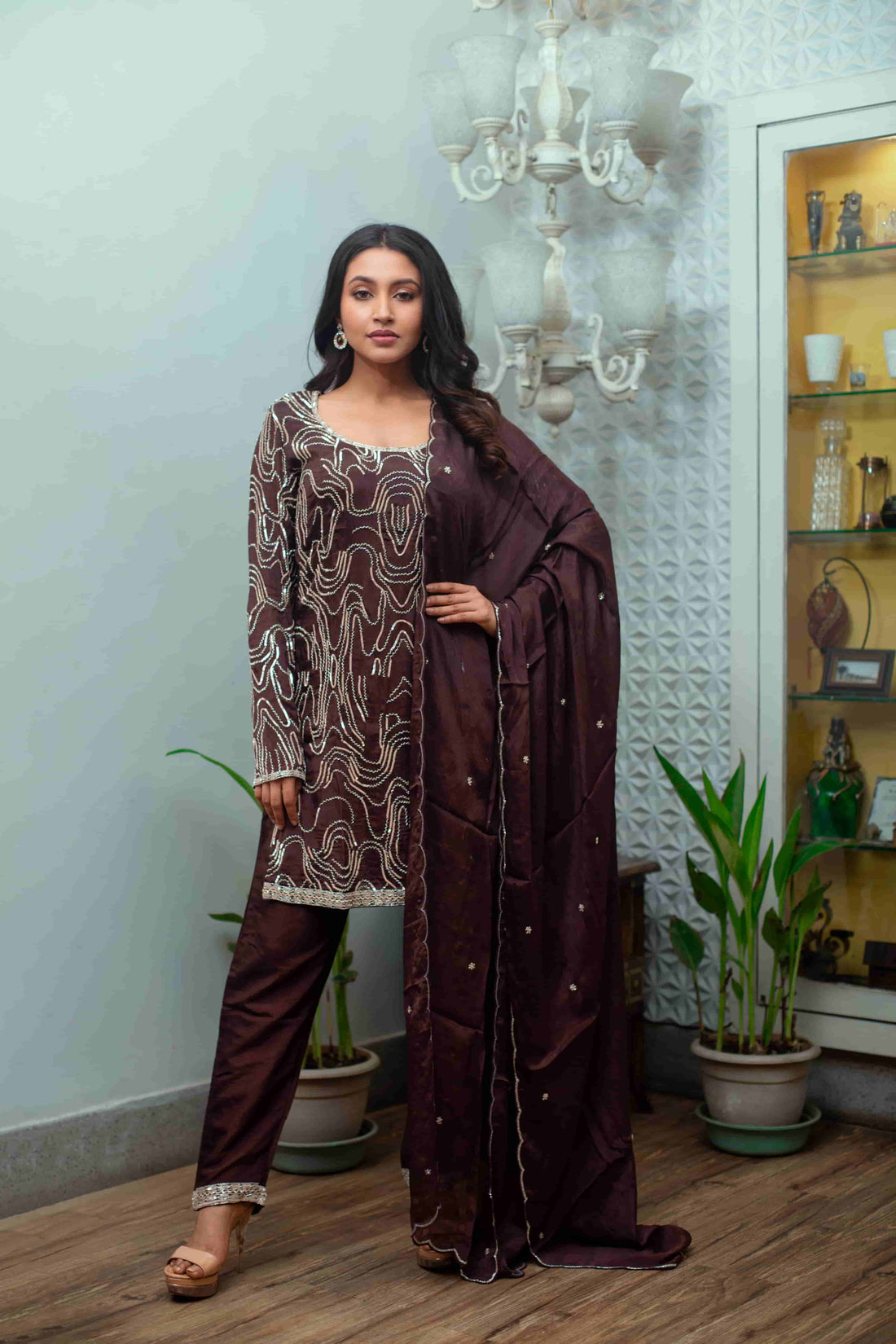 Coffee Brown Chinon Chiffon Heavy Hand Work Suit Set