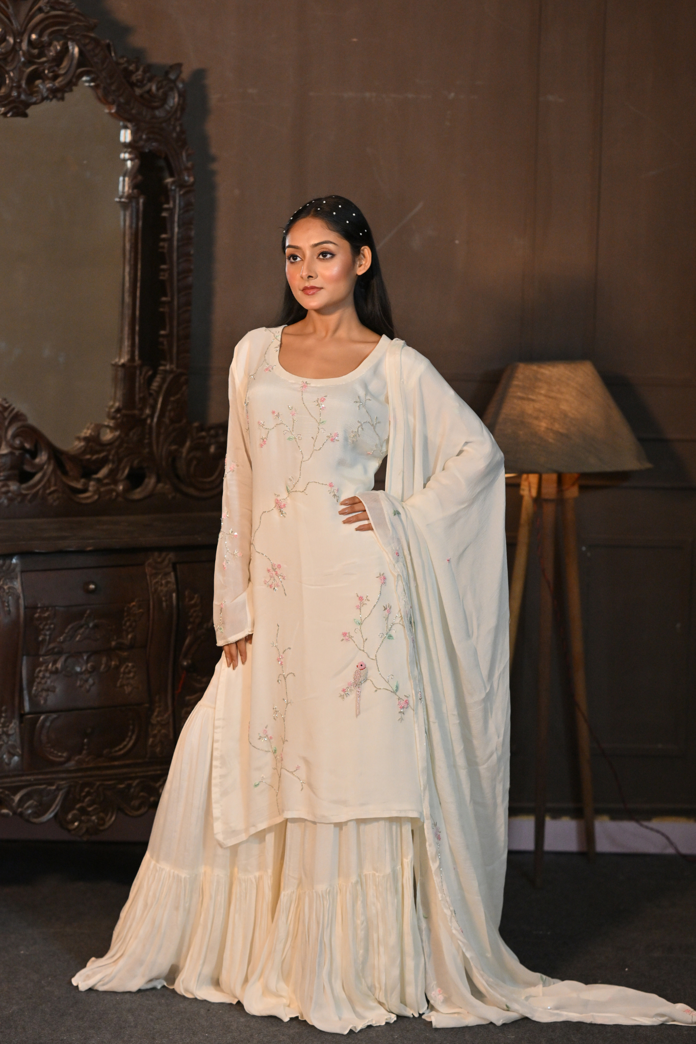 OFF-WHITE KURTI WITH SHARARA AND DUPATTA (Customize Request)