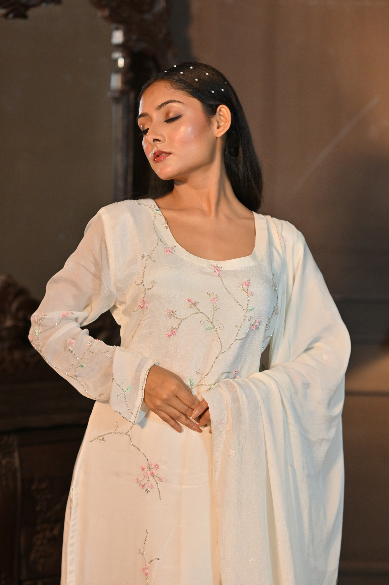 OFF-WHITE KURTI WITH SHARARA AND DUPATTA (Customize Request)