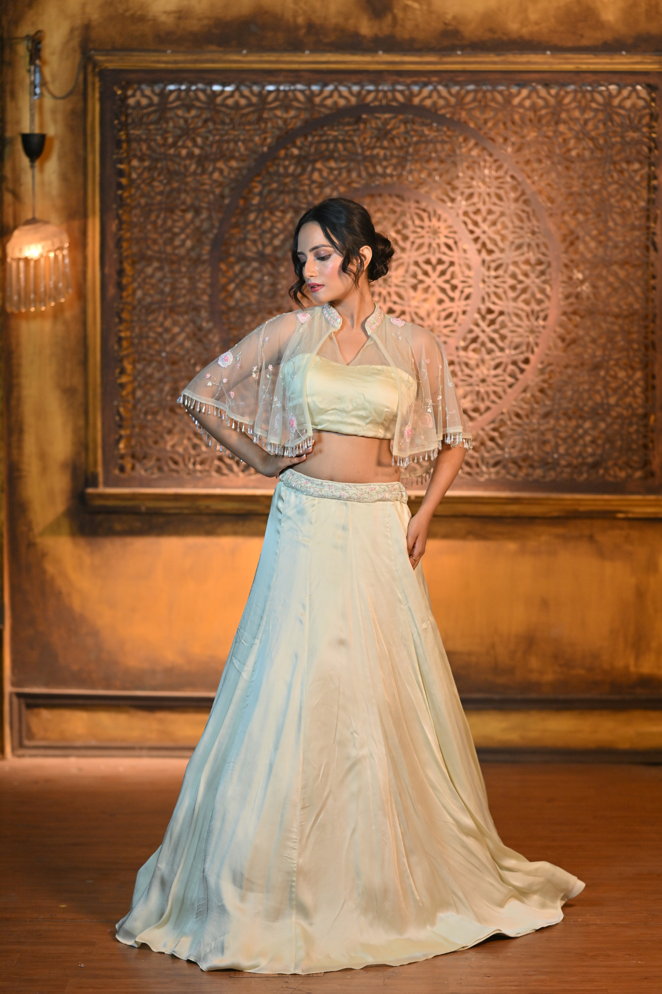 PASTEL GREEN LEHENGA WITH BUSTIER AND CAPE (Customize Request)