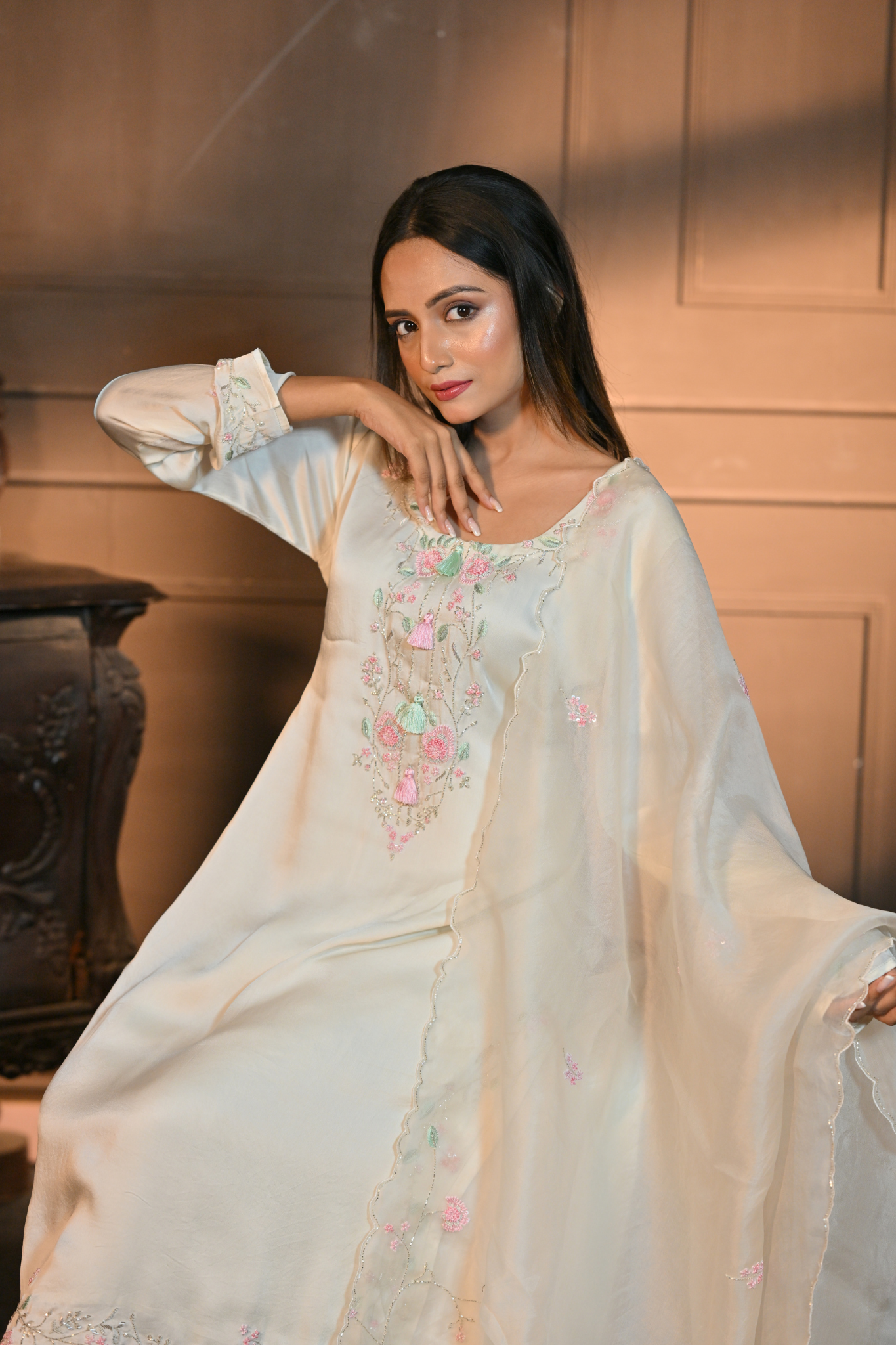 OFF-WHITE KURTI WITH PALAZZO AND DUPATTA (Customize Request)