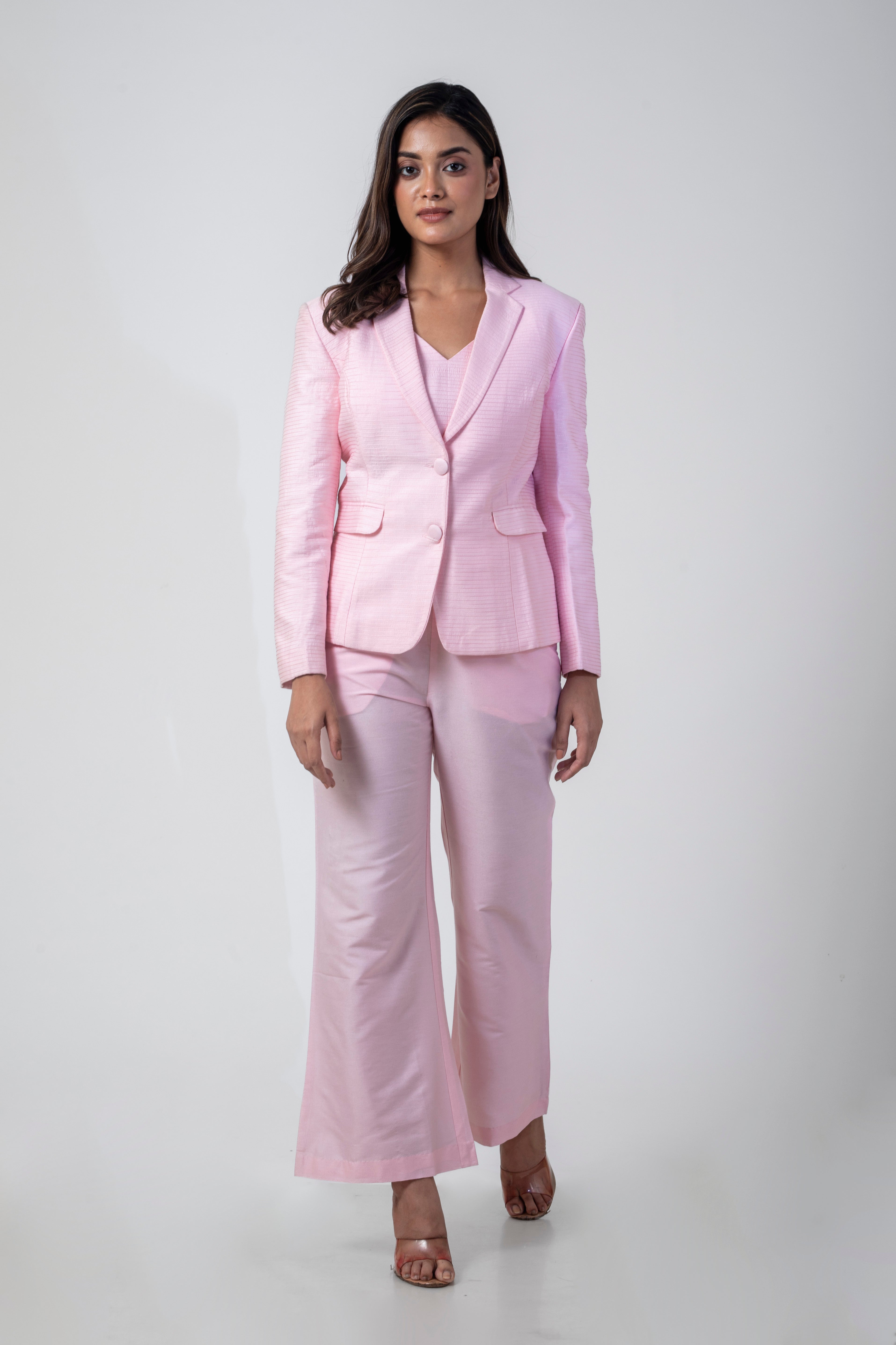 Embroidered Pink Co-ord Set with Bustier, Blazer, and Pant