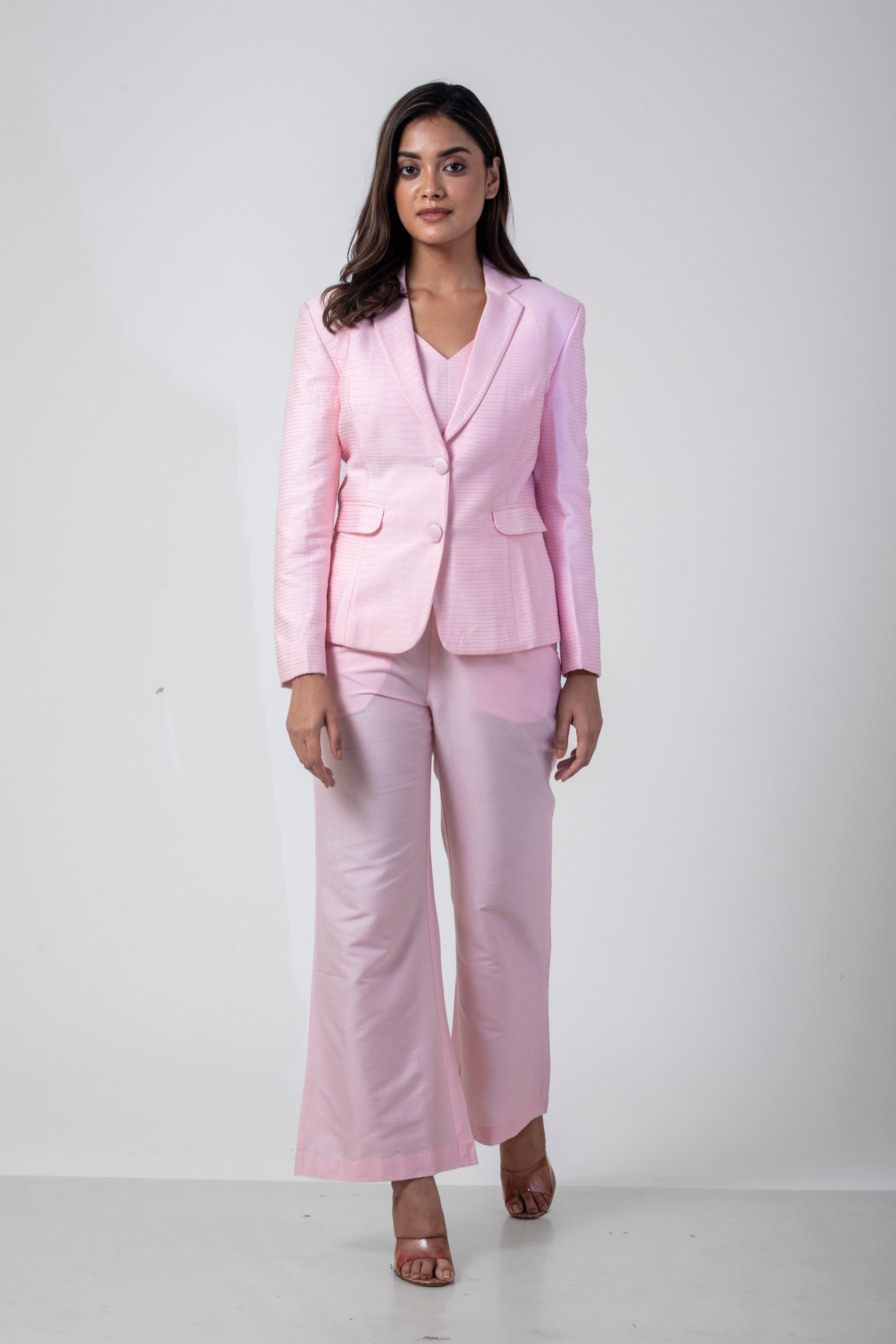 Embroidered Pink Co-ord Set with Bustier, Blazer, and Pant