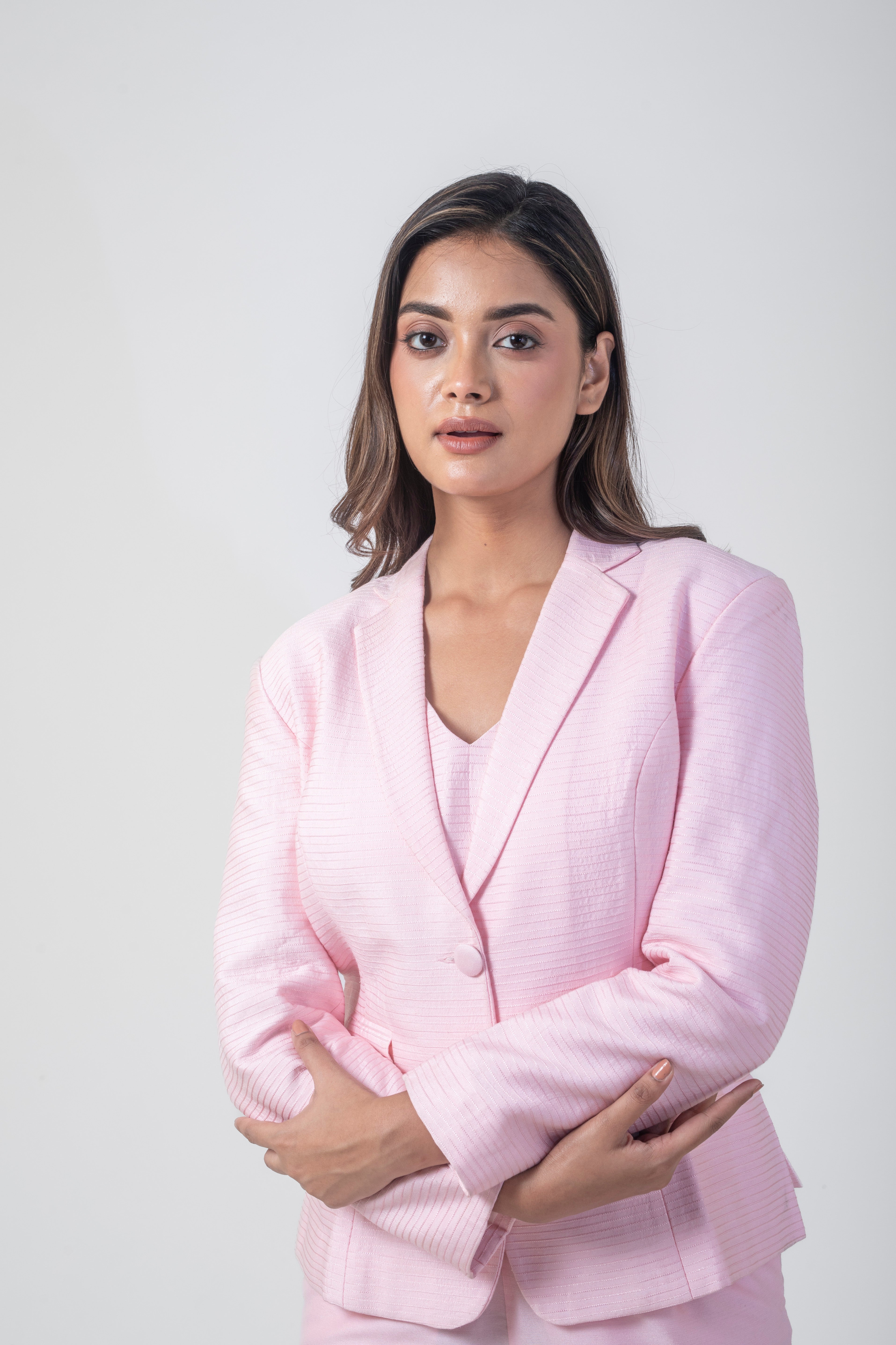 Embroidered Pink Co-ord Set with Bustier, Blazer, and Pant