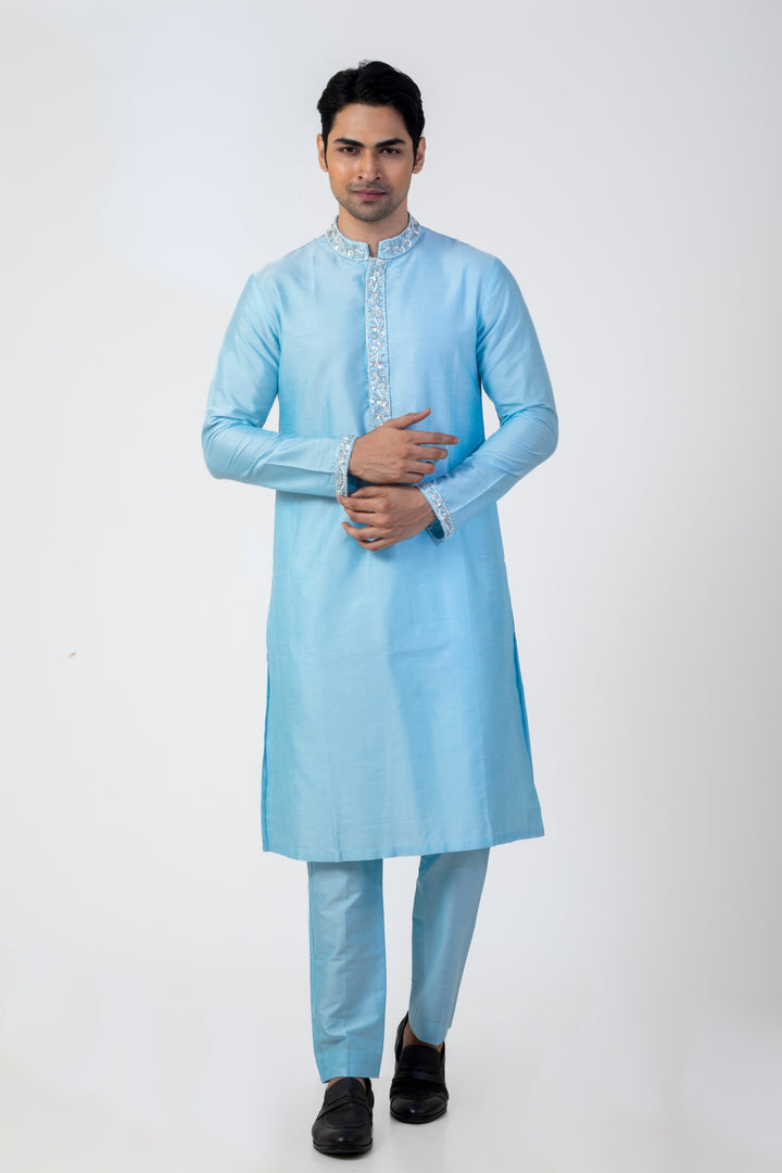 Sea Blue Sequin Kurta for Men with Straight-Fit Trouser