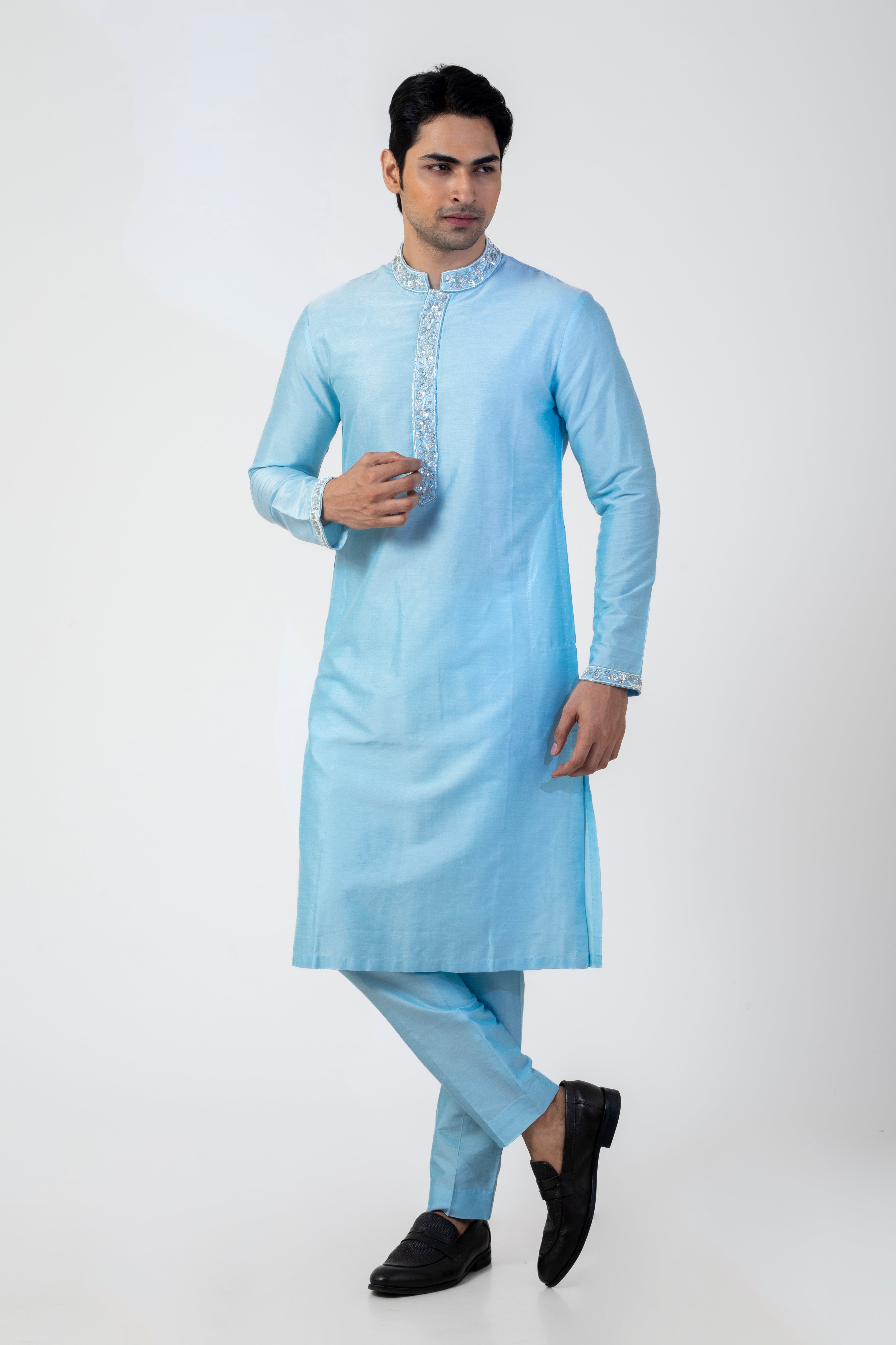 Sea Blue Sequin Kurta for Men with Straight-Fit Trouser