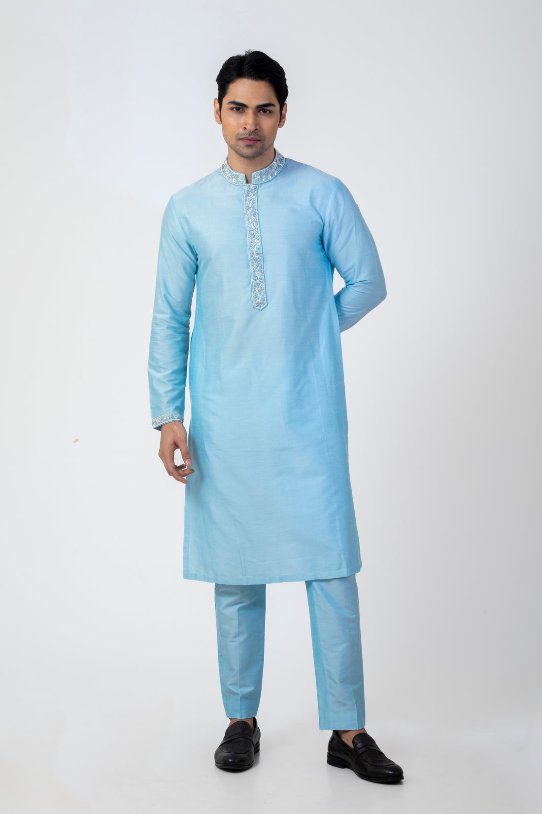 Sea Blue Sequin Kurta for Men with Straight-Fit Trouser