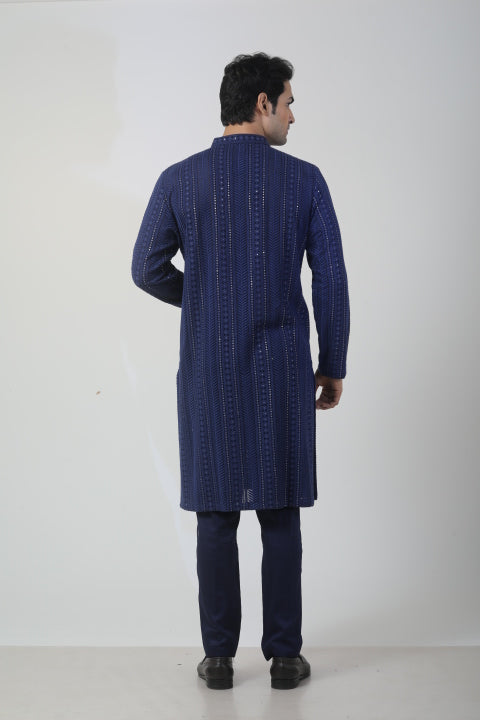 Navy Blue Georgette Kurta Set with Straight Pant – Chikankari Work