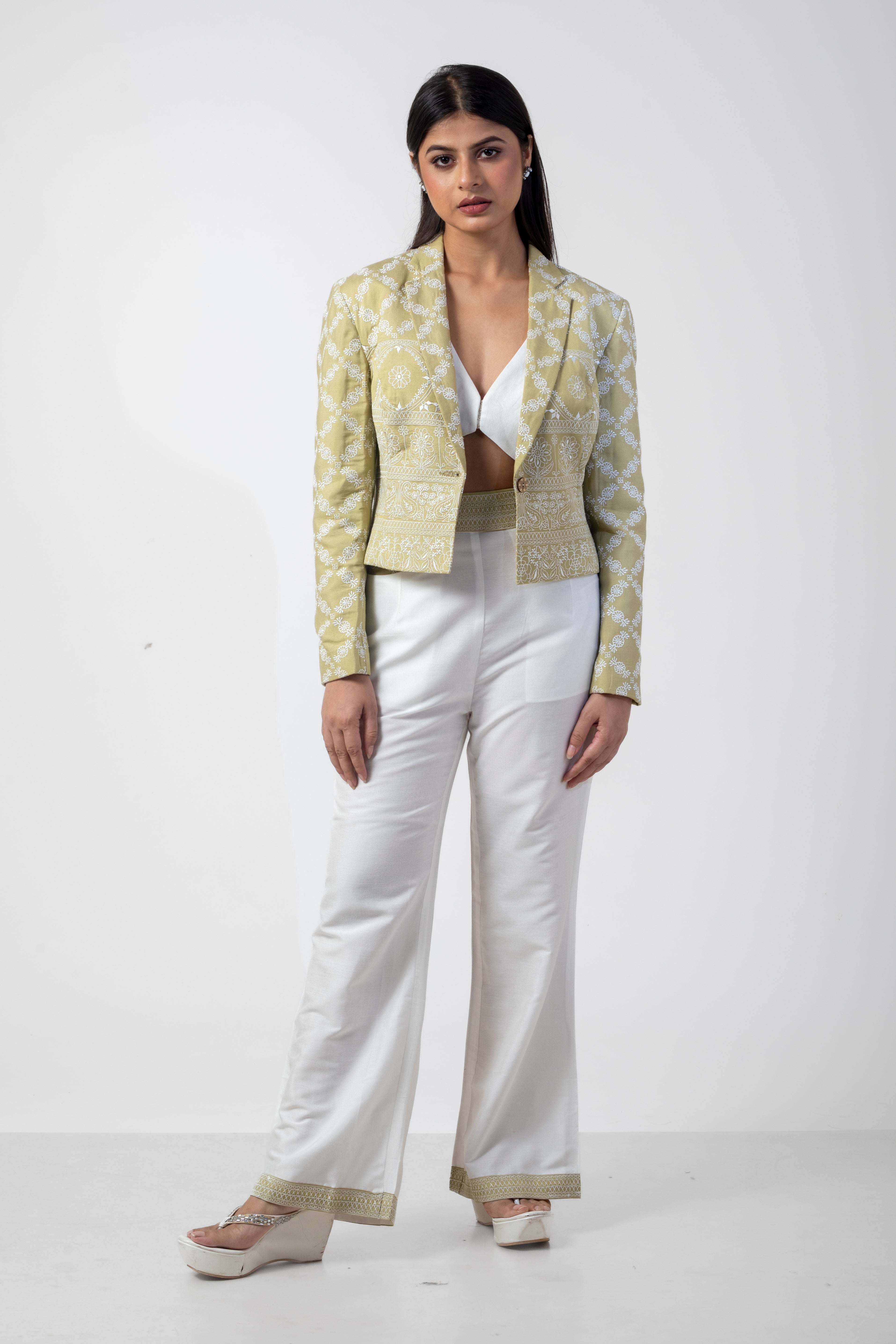 Olive and White Formal Co-Ord Set: Embroidered Bustier, Blazer, and Pant