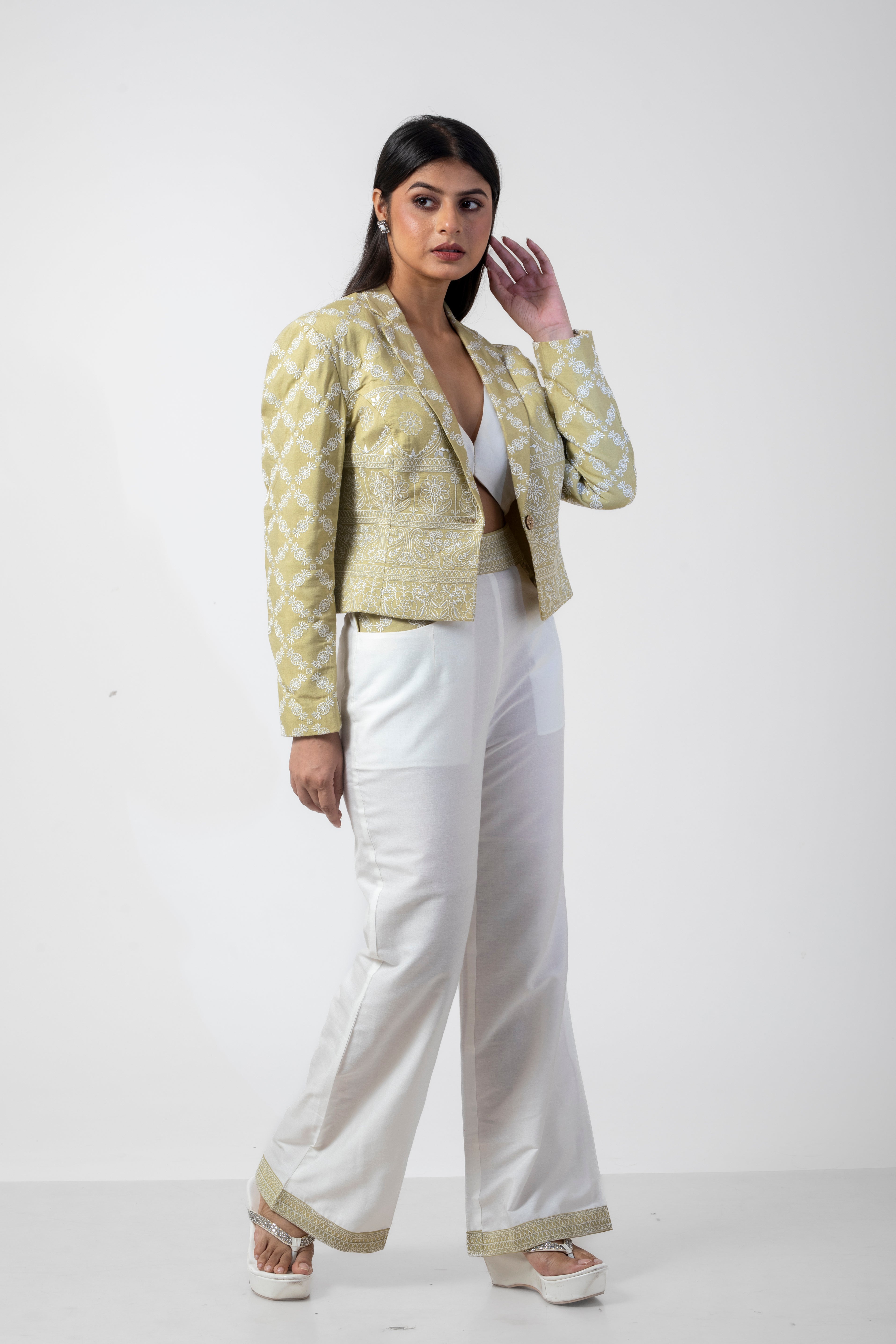 Olive and White Formal Co-Ord Set: Embroidered Bustier, Blazer, and Pant