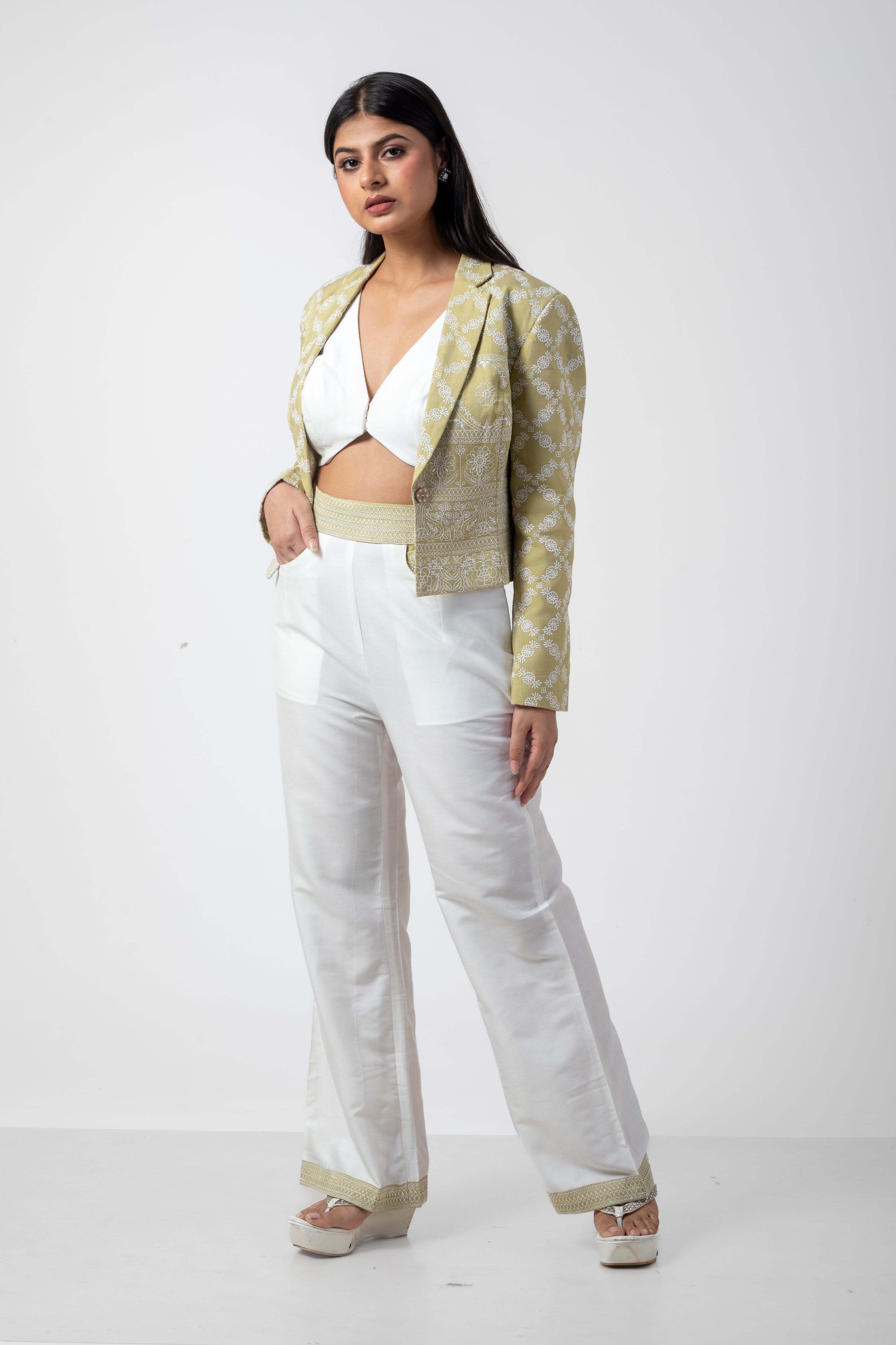 Olive and White Formal Co-Ord Set: Embroidered Bustier, Blazer, and Pant