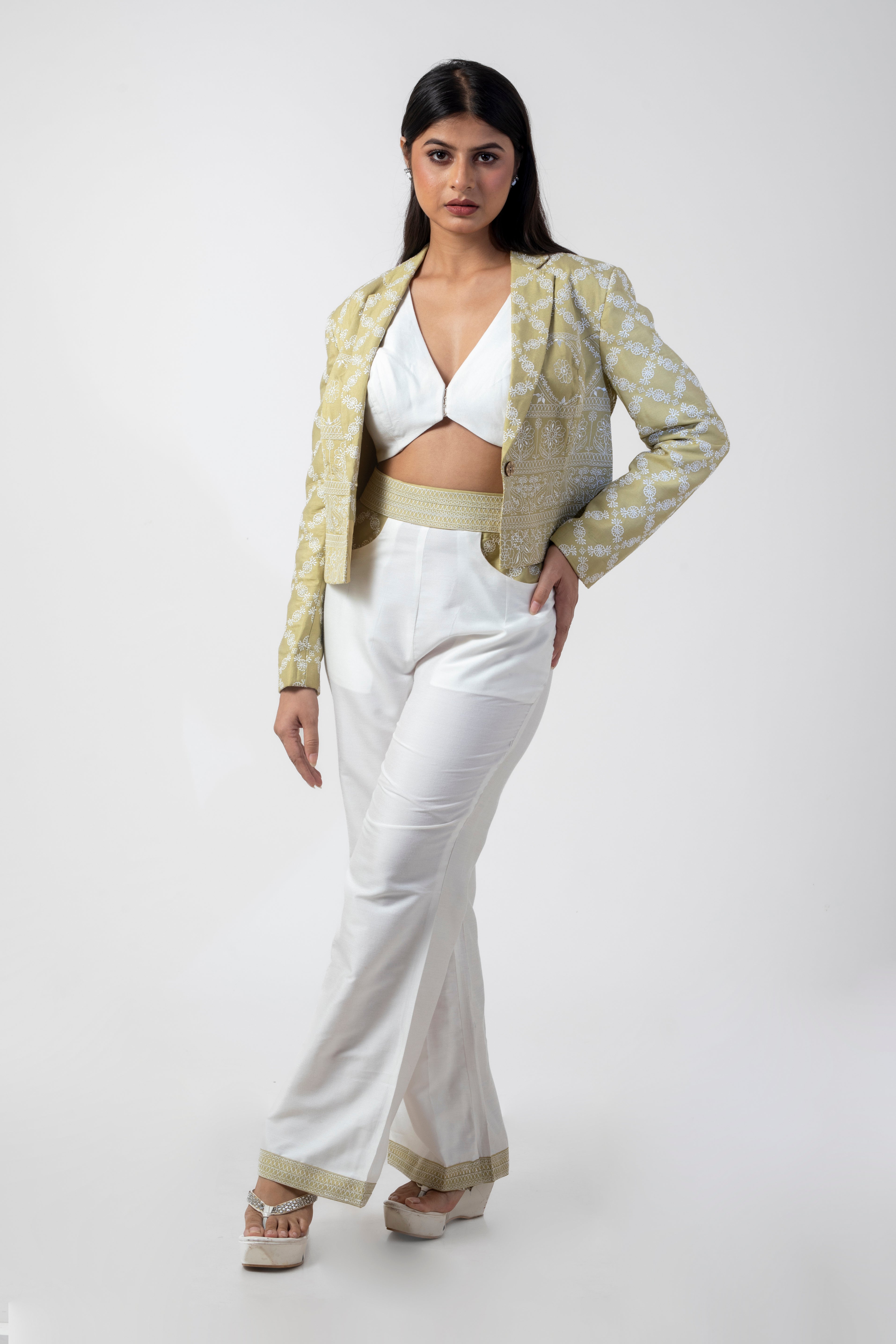 Mint Green and White Formal Co-Ord Set: Embroidered Bustier, Blazer, and Pant