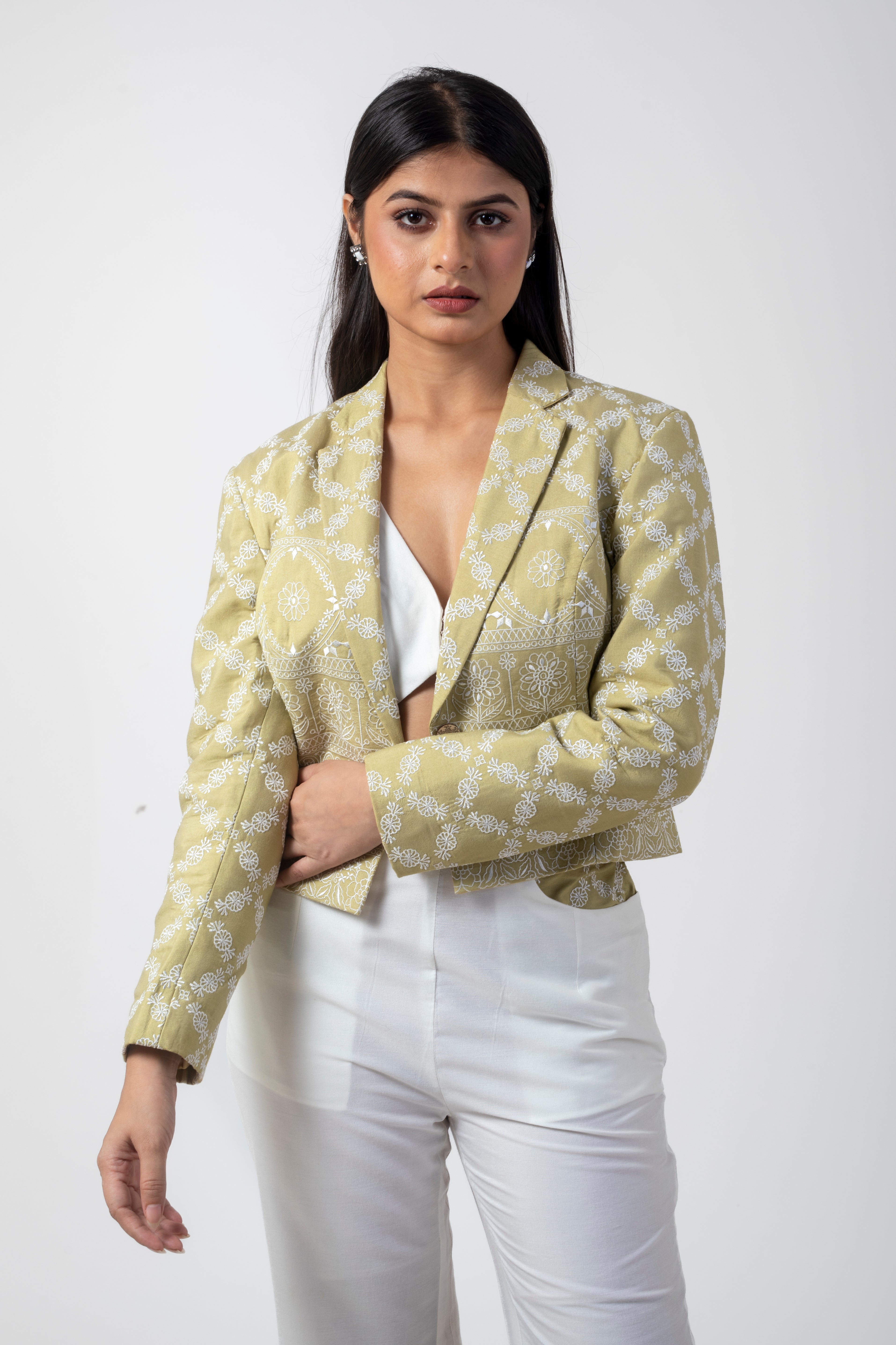 Olive and White Formal Co-Ord Set: Embroidered Bustier, Blazer, and Pant