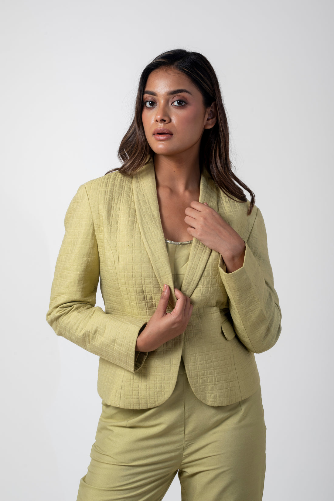 Mint Green Quilted Formal Co-Ord Set: Bustier, Blazer, and Pant