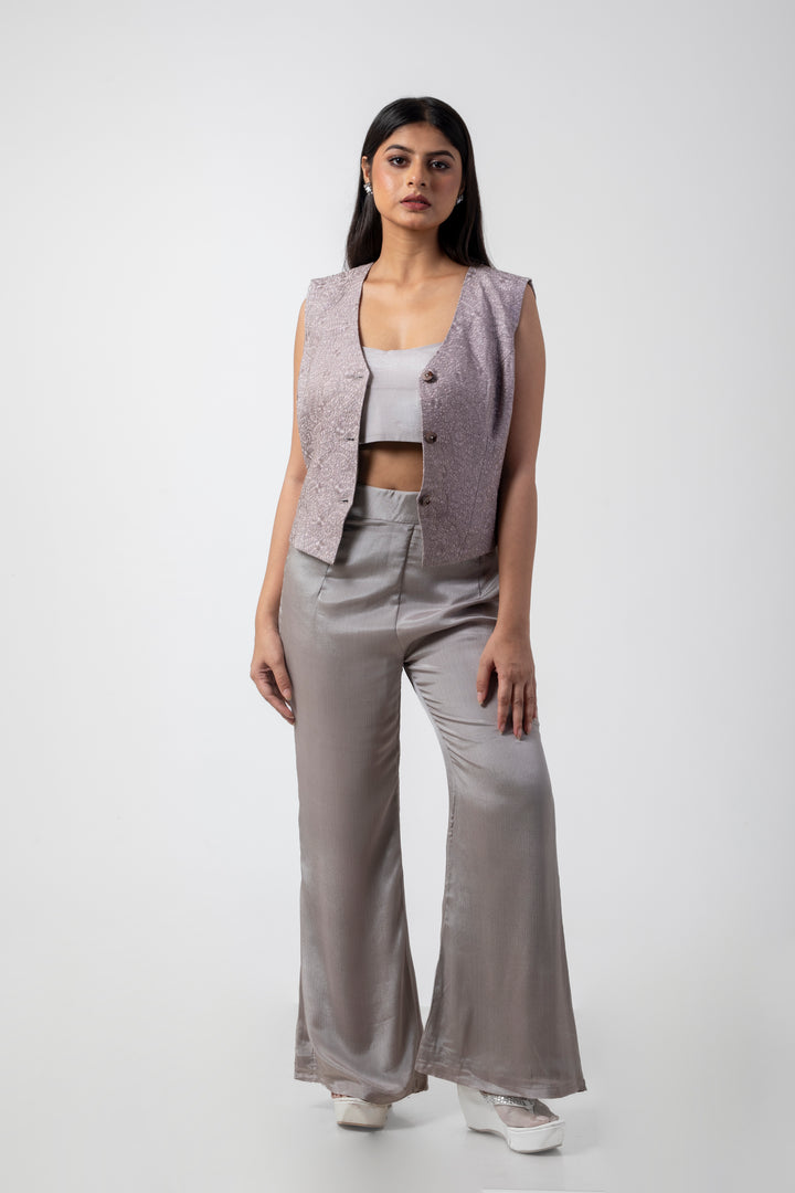 Mauve Pure Katan Silk Blazer Sleeveless Co-ord Set