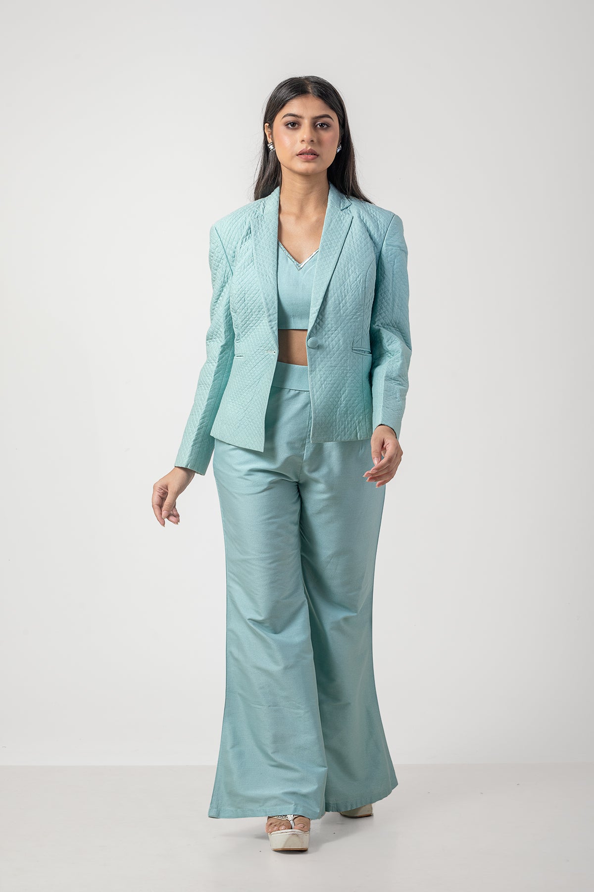 Powder Blue Pure Katan Silk Embroidered Co-ord Set with Quilted Blazer