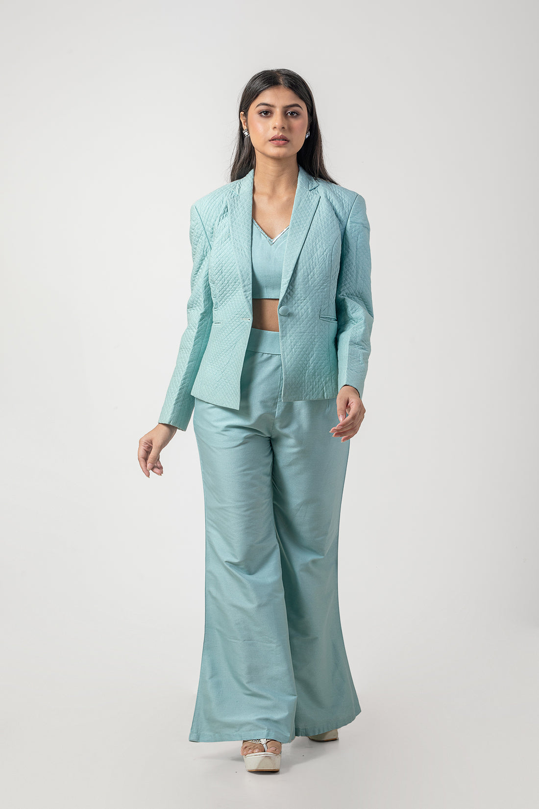 Powder Blue Pure Katan Silk Embroidered Co-ord Set with Quilted Blazer