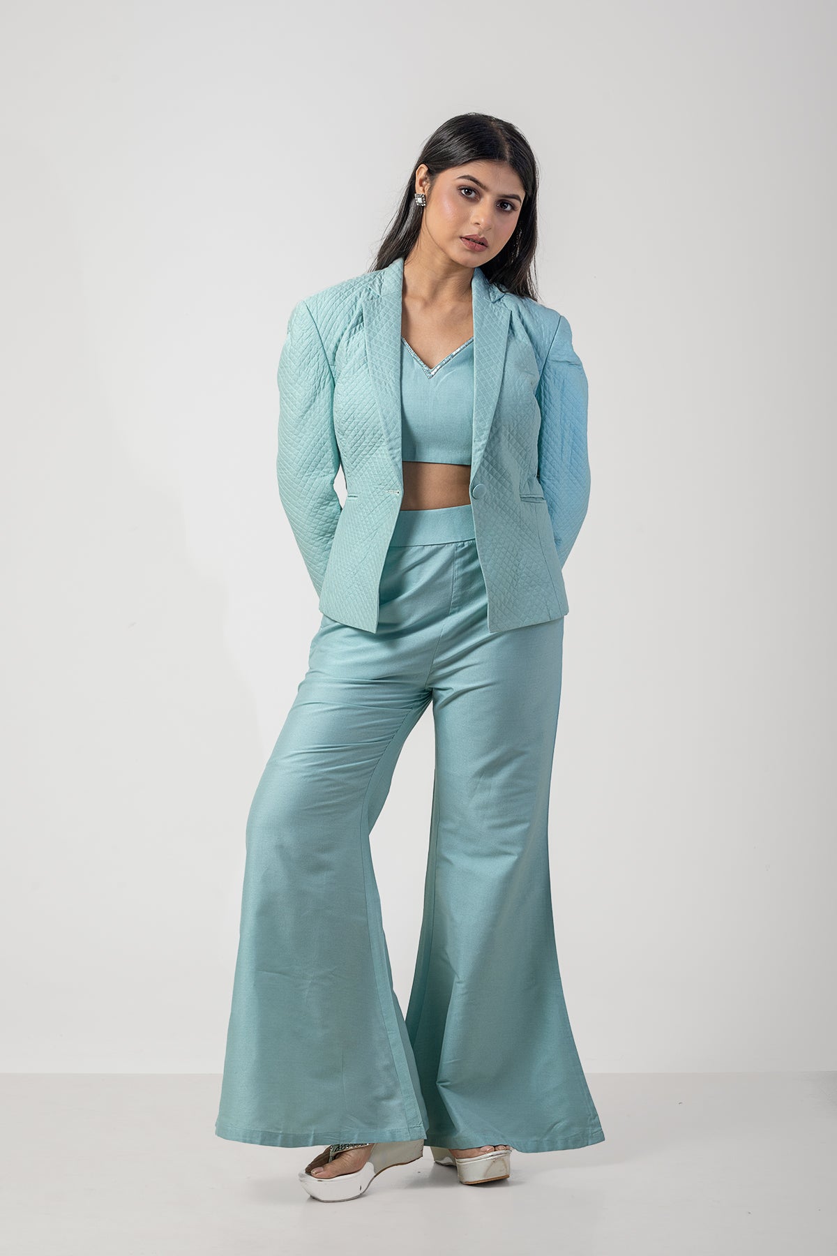 Powder Blue Pure Katan Silk Embroidered Co-ord Set with Quilted Blazer