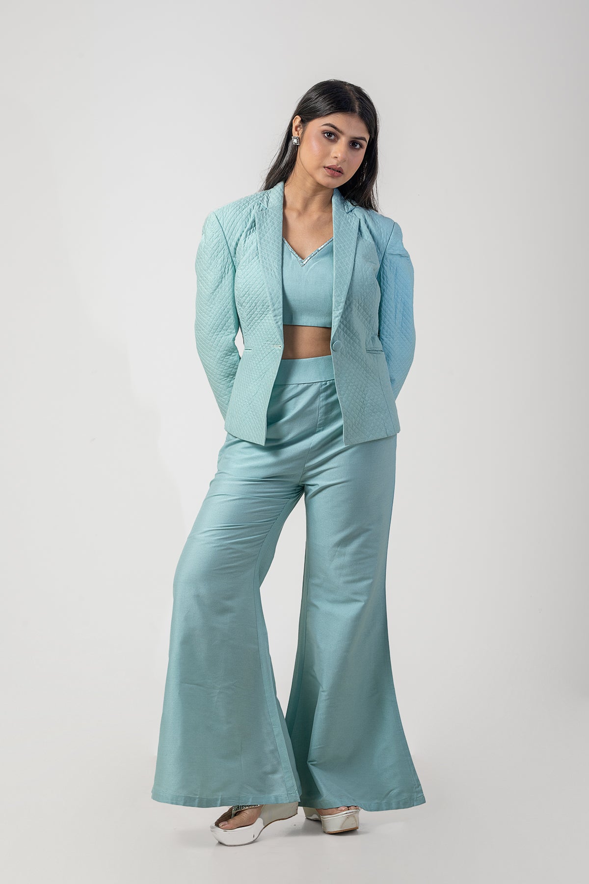 Powder Blue Pure Katan Silk Embroidered Co-ord Set with Quilted Blazer