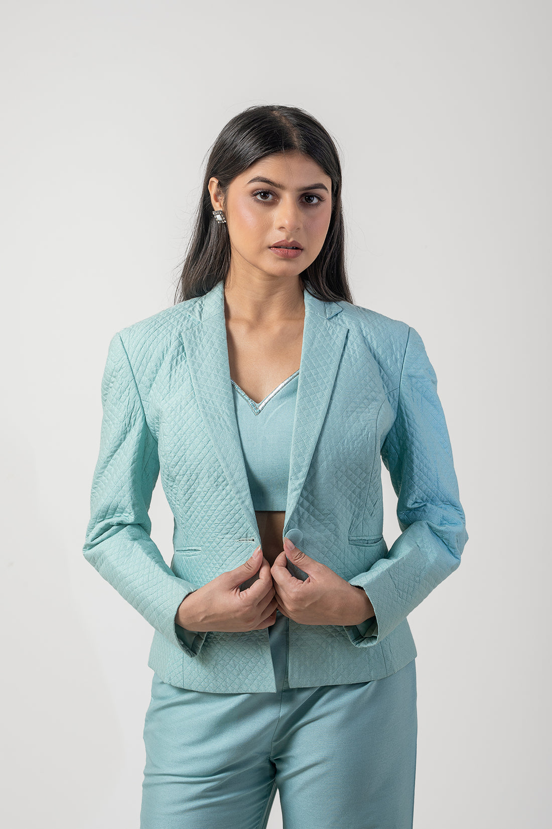 Powder Blue Pure Katan Silk Embroidered Co-ord Set with Quilted Blazer