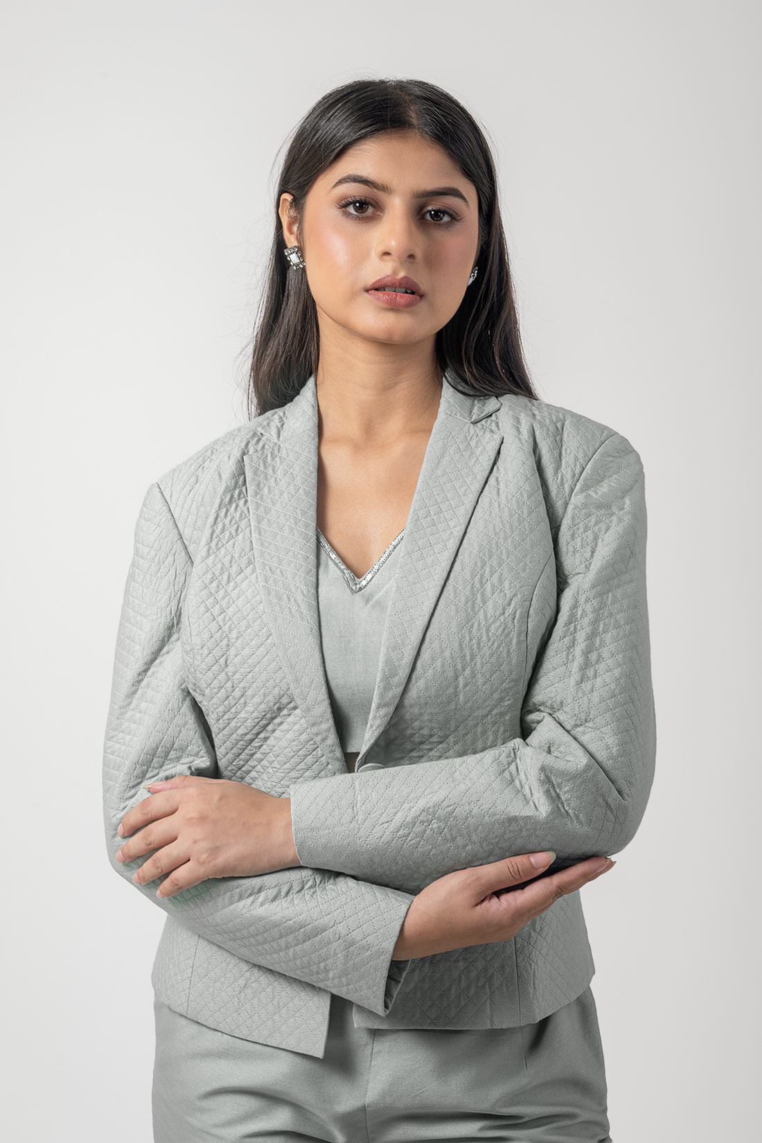 Powder Blue Pure Katan Silk Embroidered Co-ord Set with Quilted Blazer