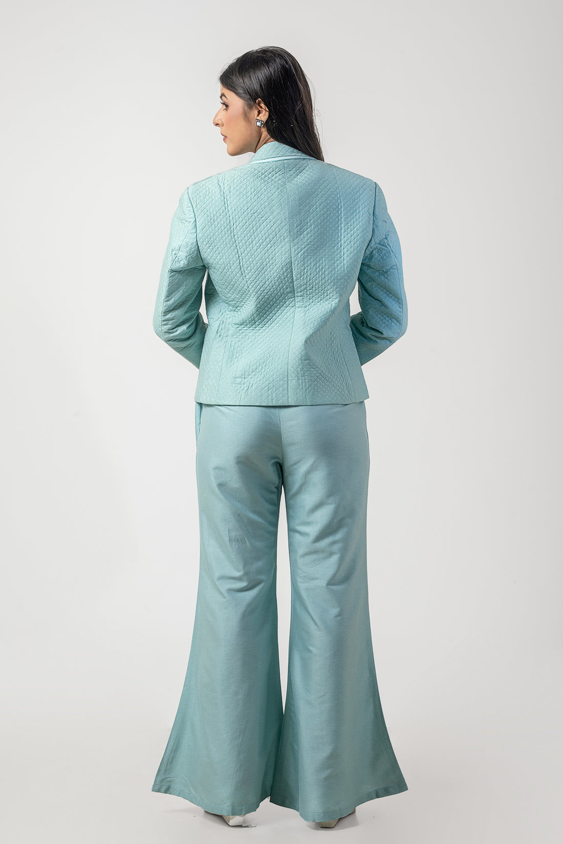 Powder Blue Pure Katan Silk Embroidered Co-ord Set with Quilted Blazer