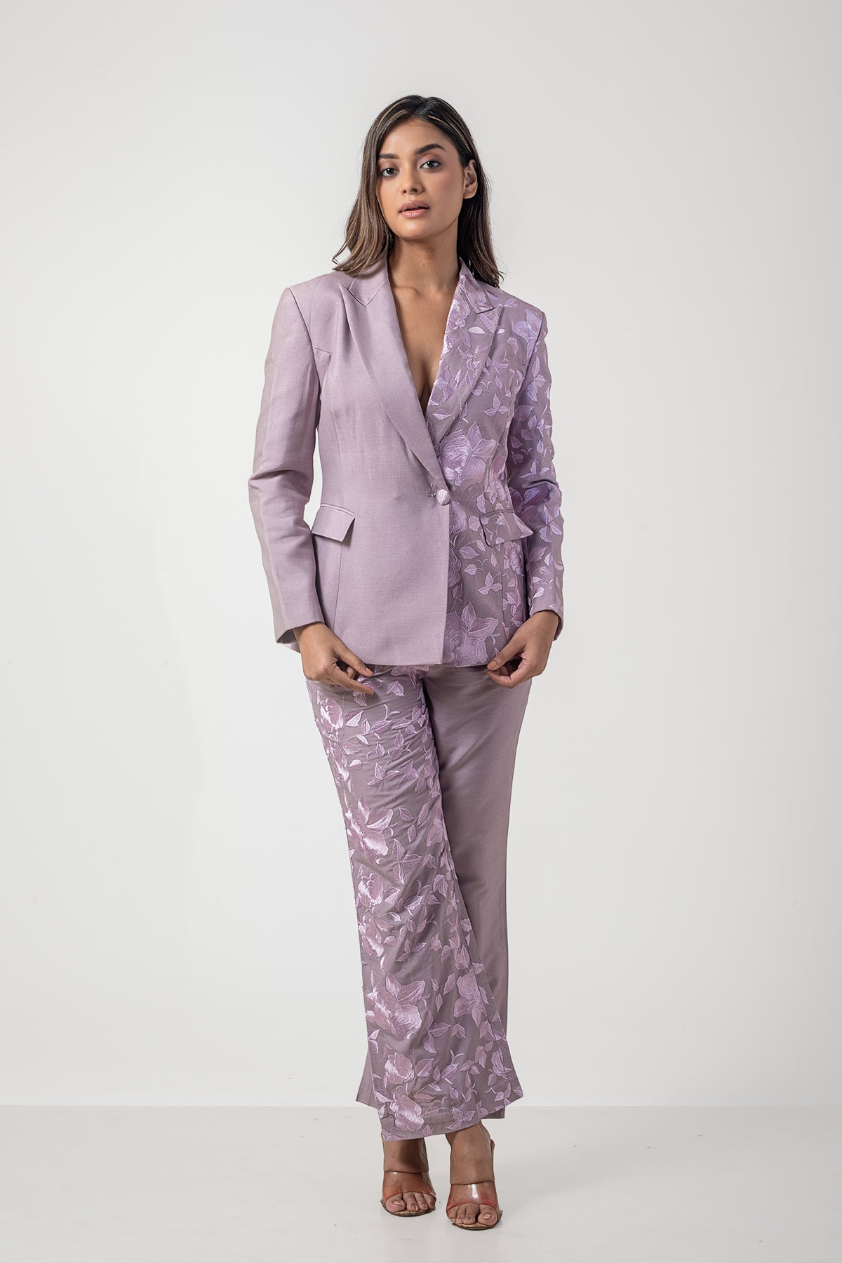 Mauve Pure Katan Silk Embroidered Blazer and Pant Set