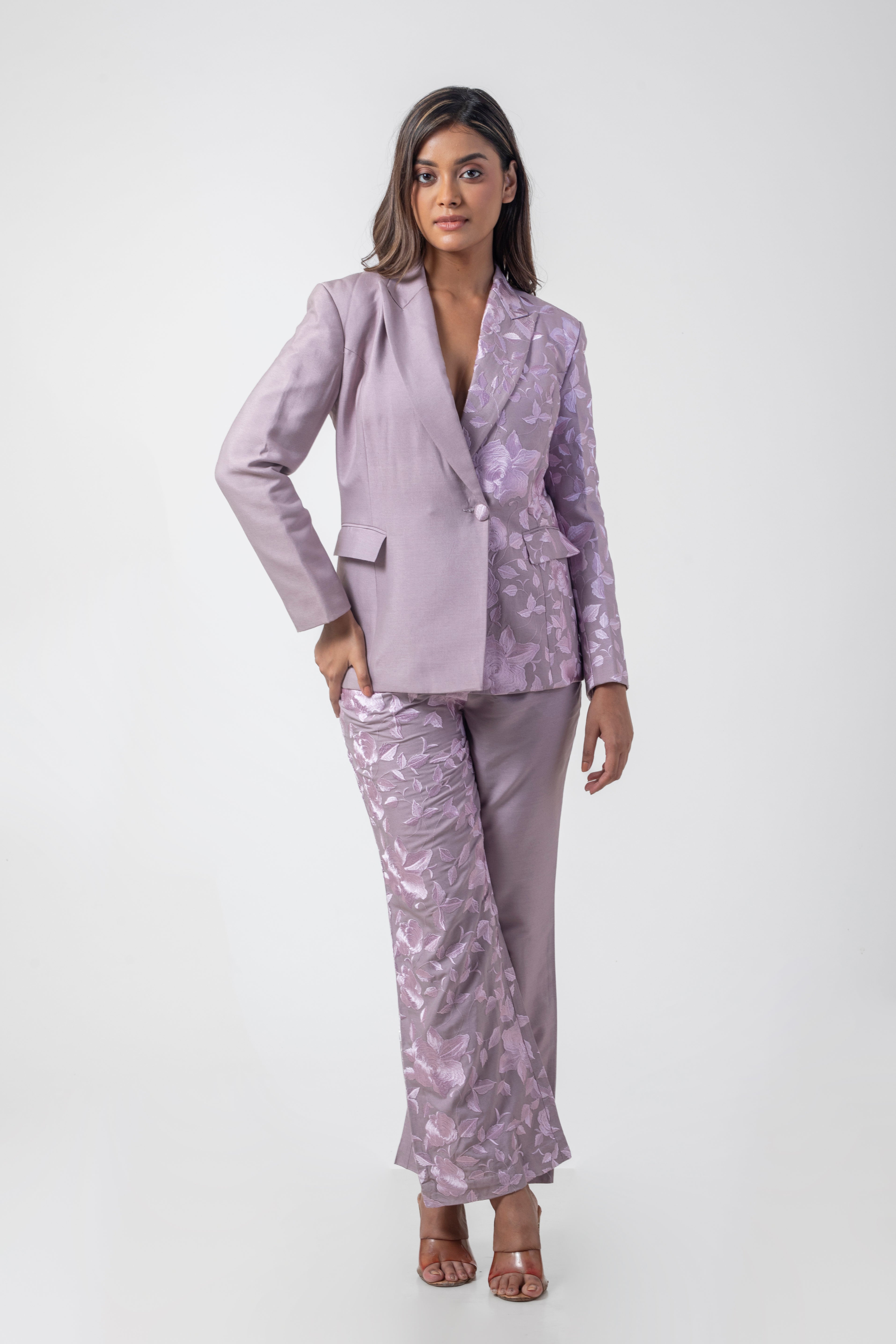 Mauve Pure Katan Silk Embroidered Blazer and Pant Set