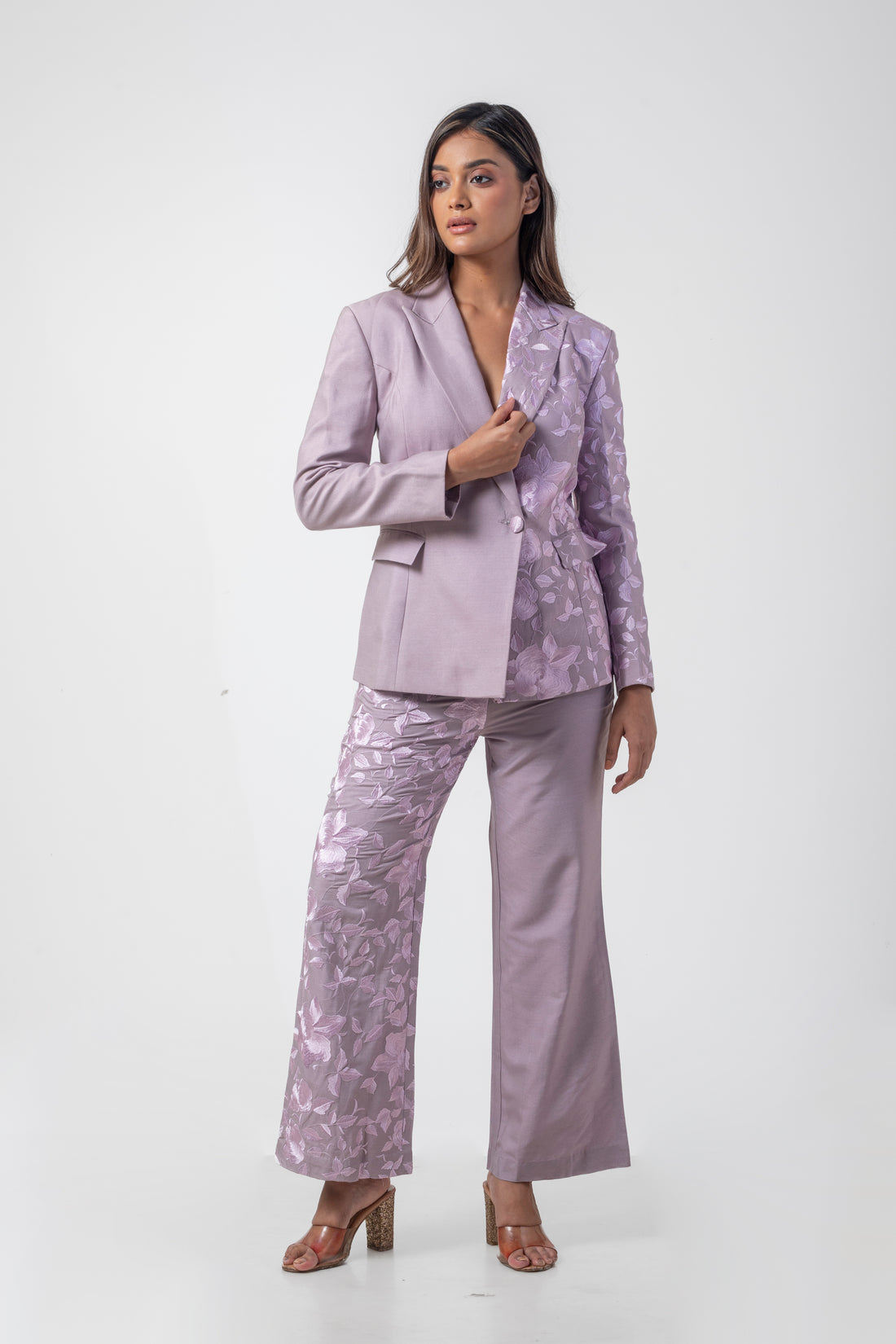 Mauve Pure Katan Silk Embroidered Blazer and Pant Set