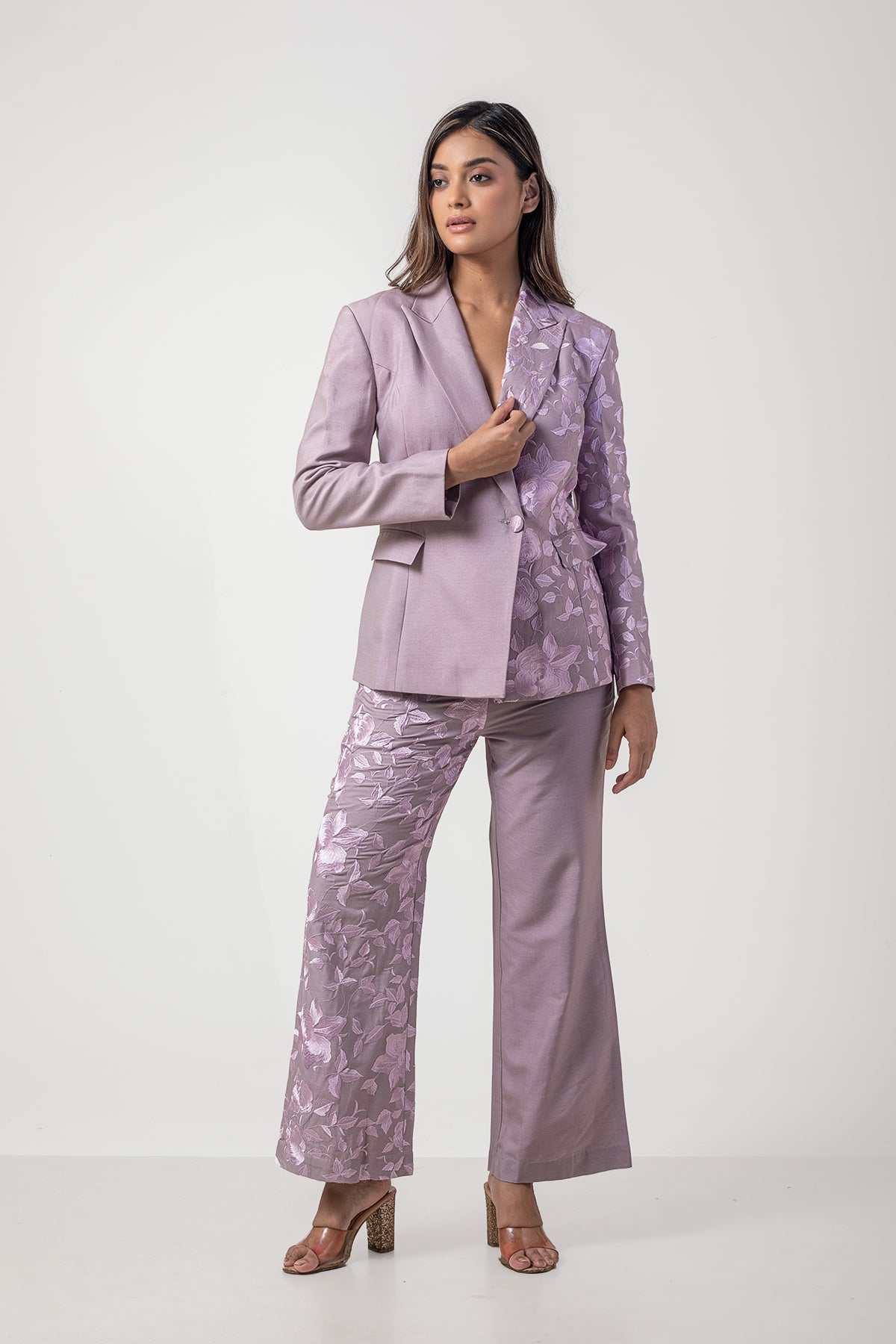 Mauve Pure Katan Silk Embroidered Blazer and Pant Set