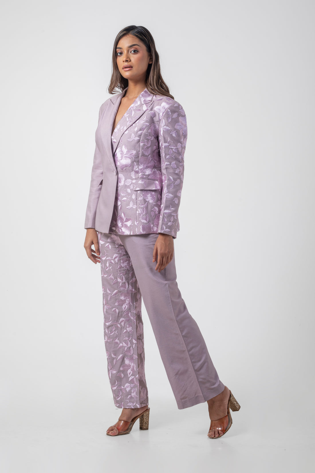 Mauve Pure Katan Silk Embroidered Blazer and Pant Set