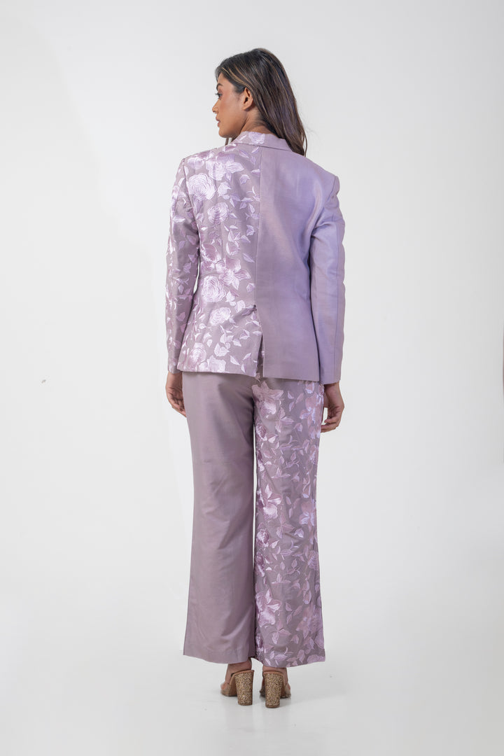 Mauve Pure Katan Silk Embroidered Blazer and Pant Set