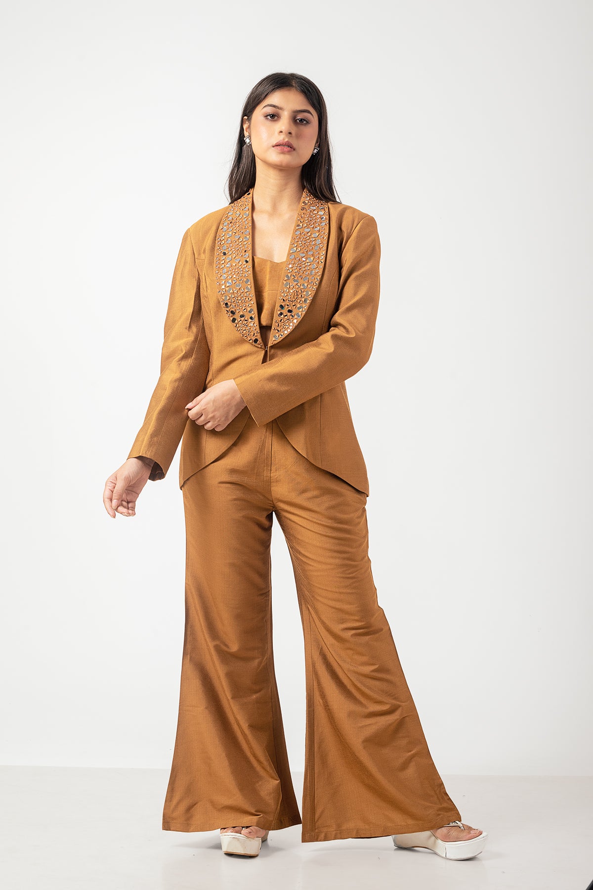 Rust Gold Pure Katan Silk Blazer Trouser Co-ord Set with Mirror Work